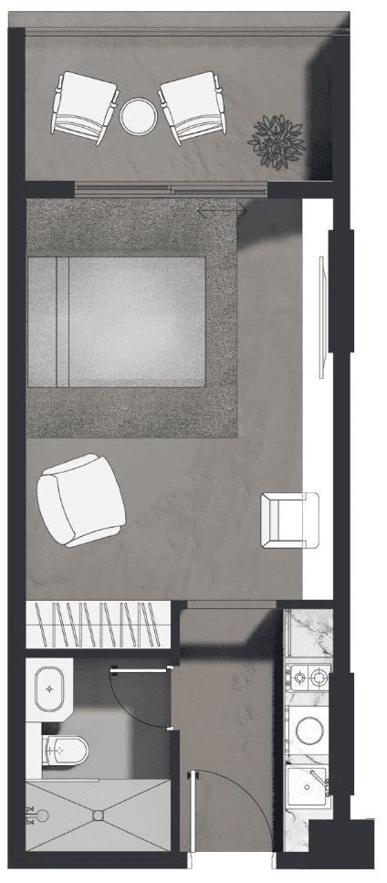 Floor plan of a small apartment in Aizel Tower featuring a bed, bathroom, and kitchen layout.
