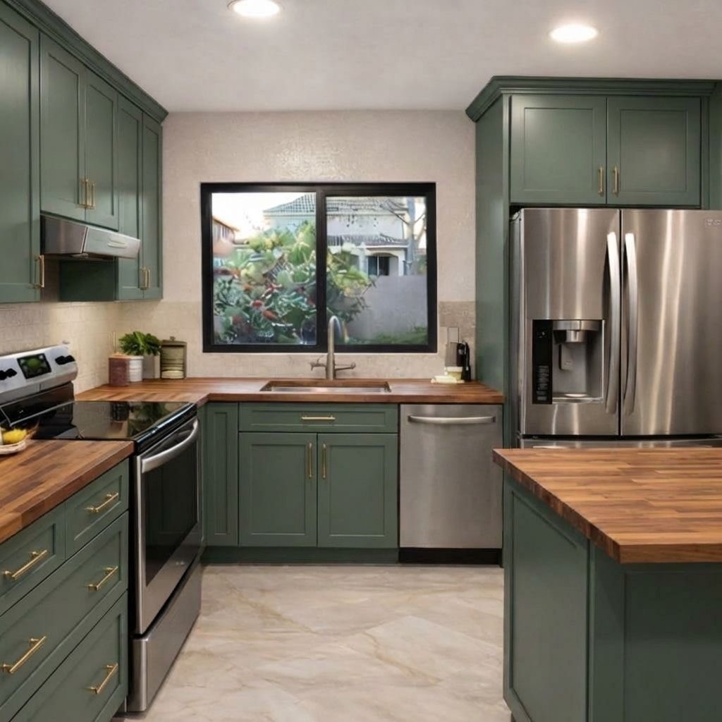 Same kitchen renovated with sage green cabinets and butcher block countertops