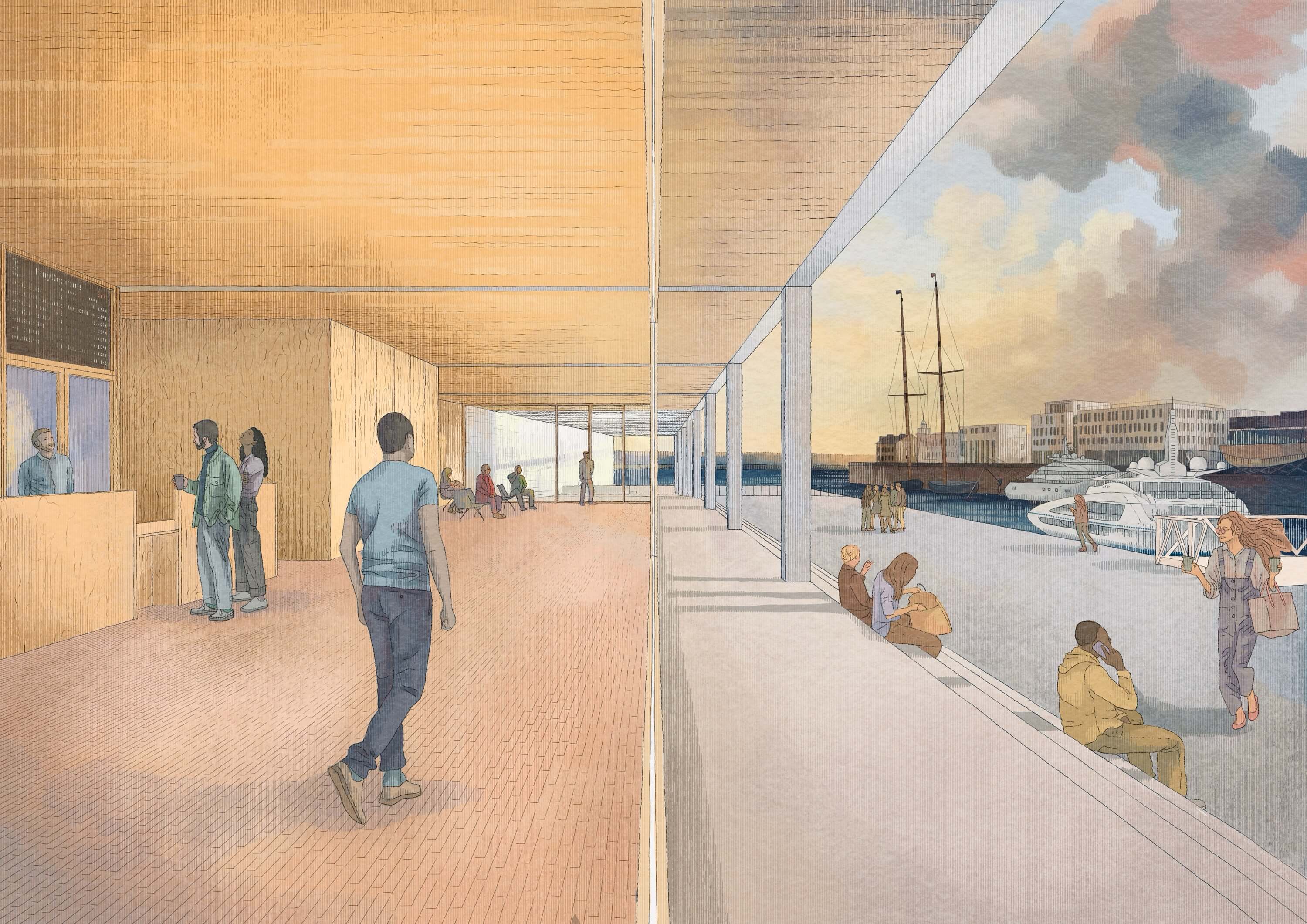 Interior view of a modern space with people, featuring large windows and natural lighting, creating an open atmosphere.