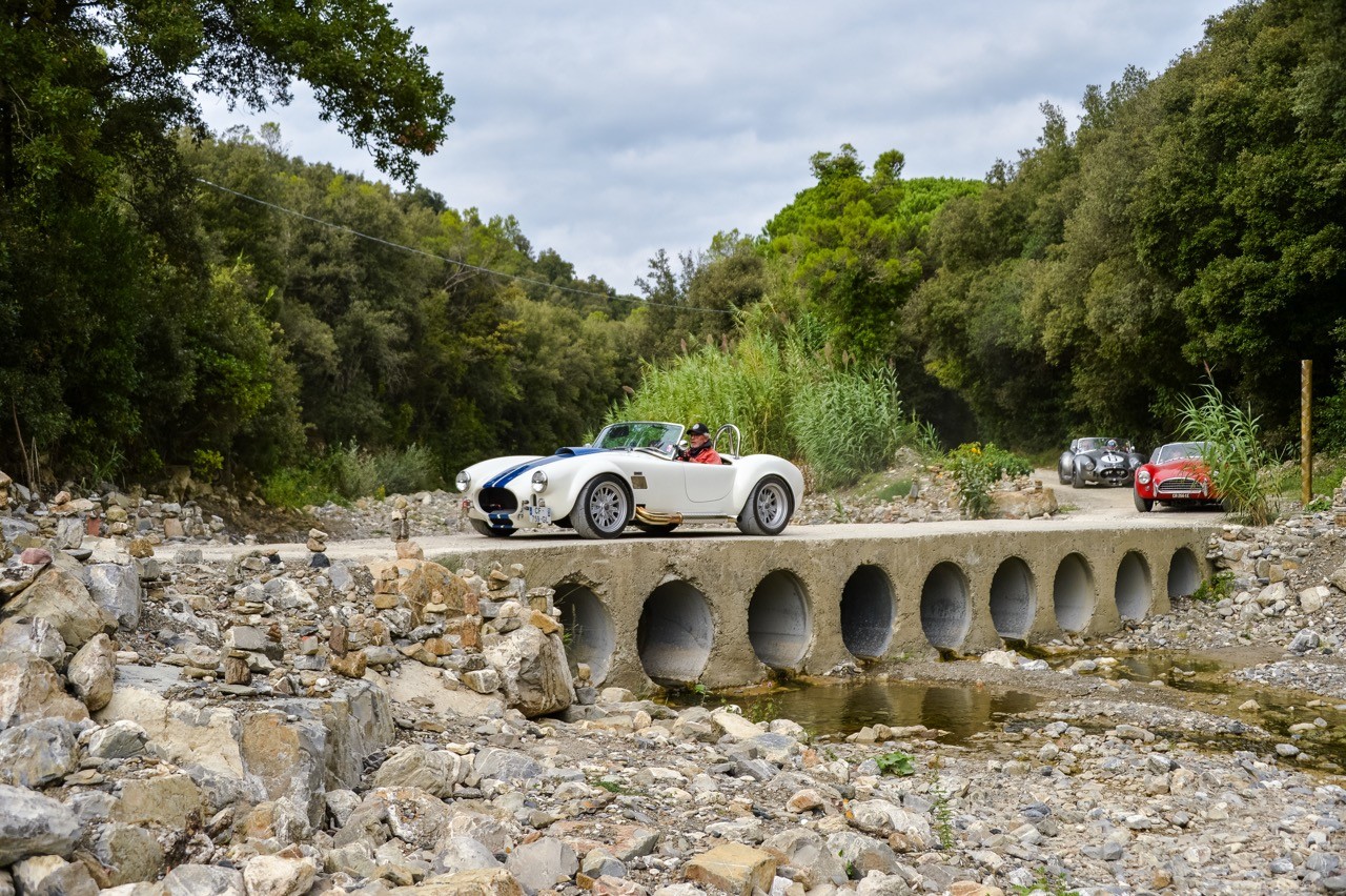 Cobra blanche à bandes bleues sur un petit pont au-dessus d’un torrent à sec, road trip Toscane