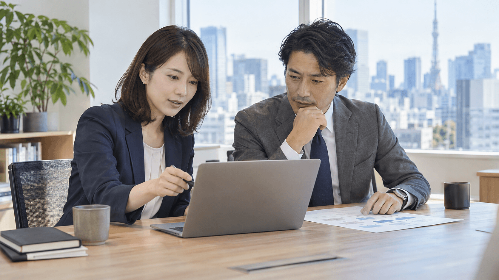 PCと業務フロー資料を見ながら、仕事の改善策を相談する日本人のビジネスパーソン