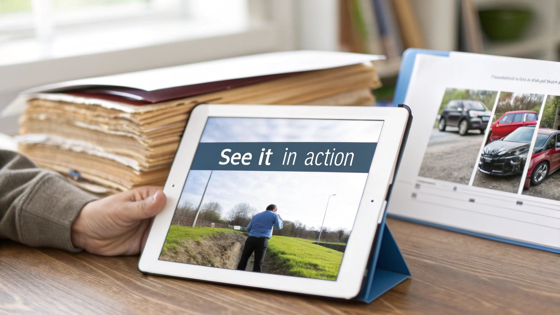 Person holding a tablet displaying a "See it in action" video, next to documents and a binder with car images.