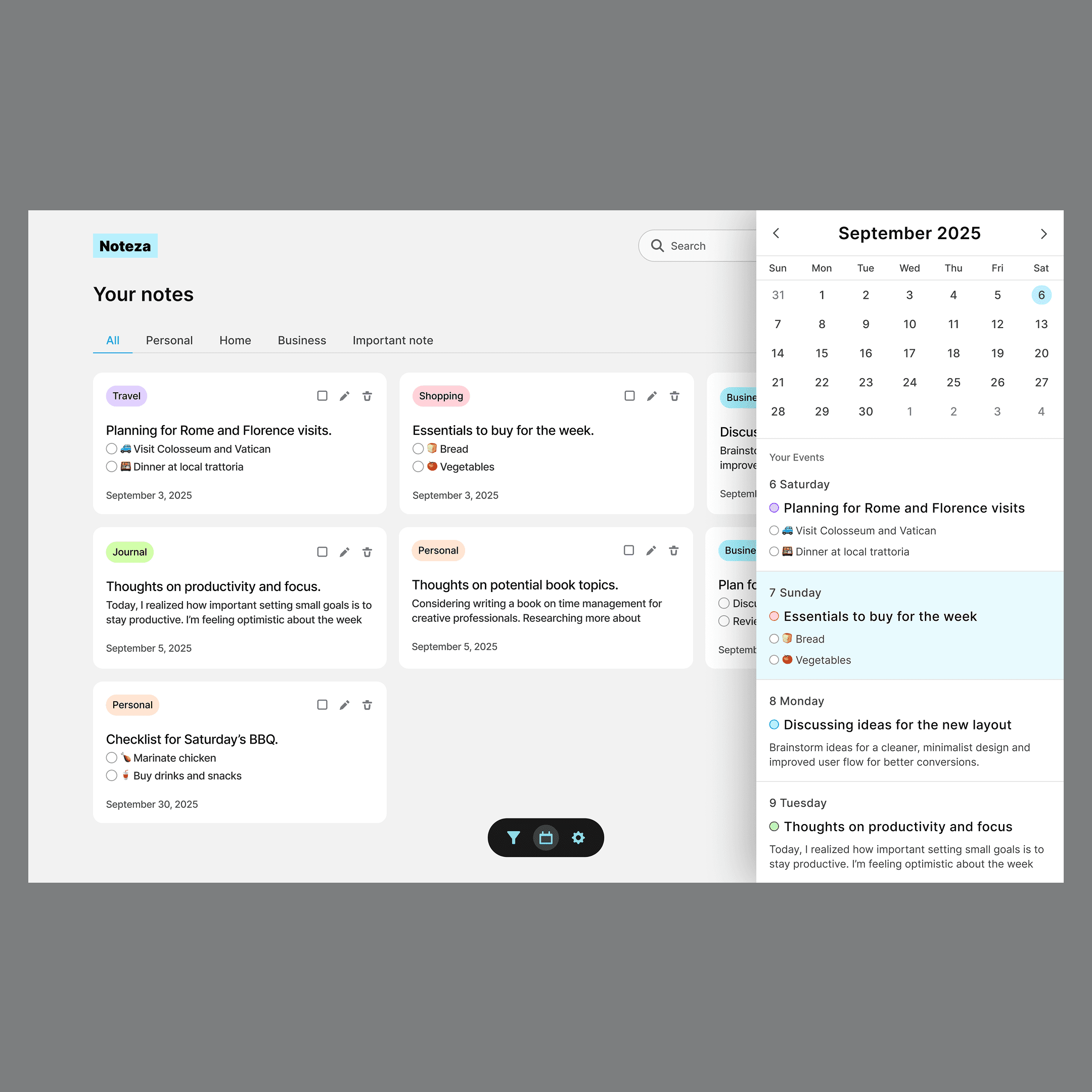 Calendar, Todo app, Note-taking, UI/UX Zahravisuals