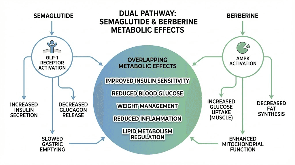 Semaglutide and berberine dual pathway mechanisms comparison diagram