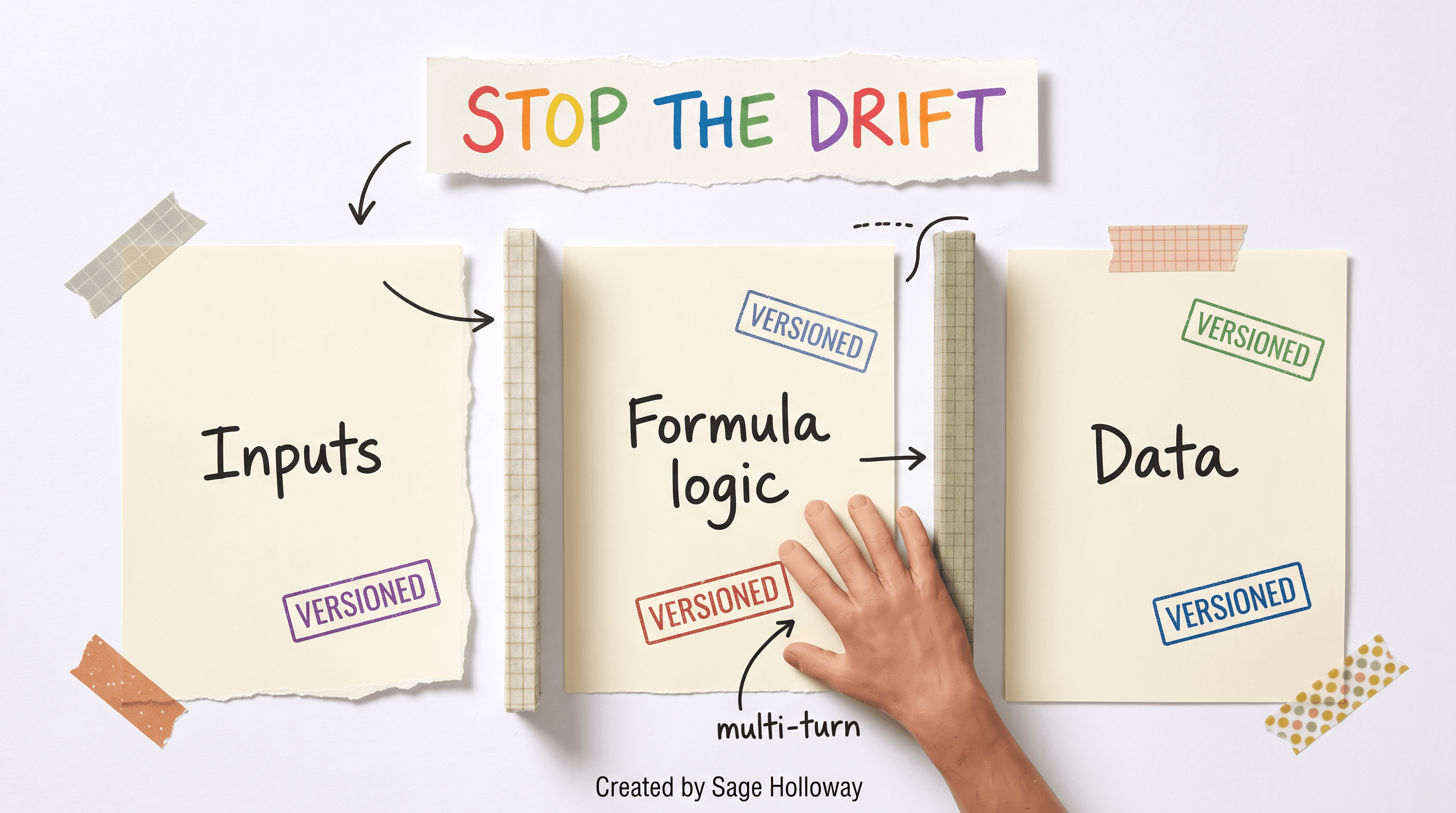 Scrapbook diagram separating inputs, formula logic, and data sheets to stop AI model drift