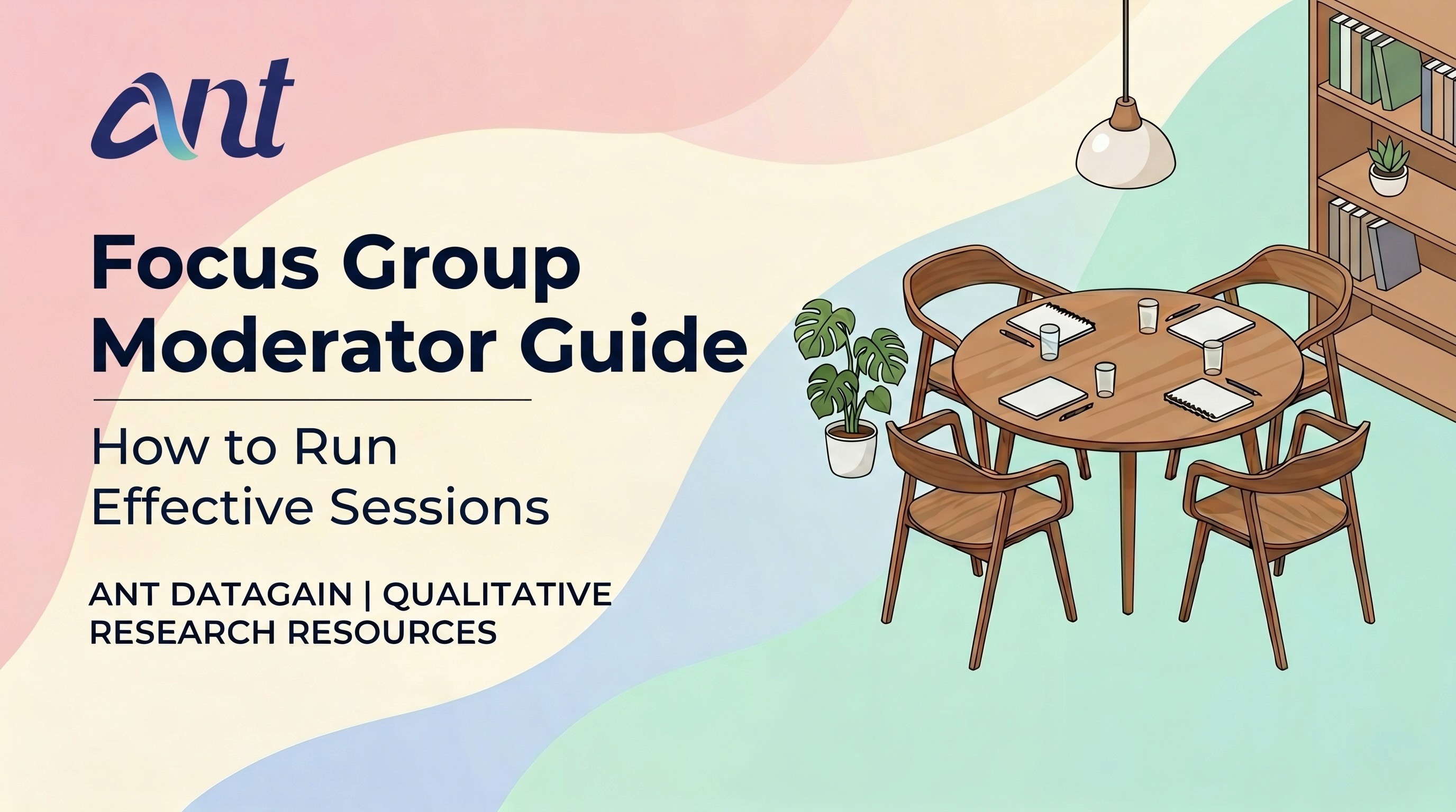 alt="Minimalist abstract vector banner for a qualitative research focus group moderator guide, showcasing an organized circular table setting with discussion notes and notebooks under soft pastel wave shapes."