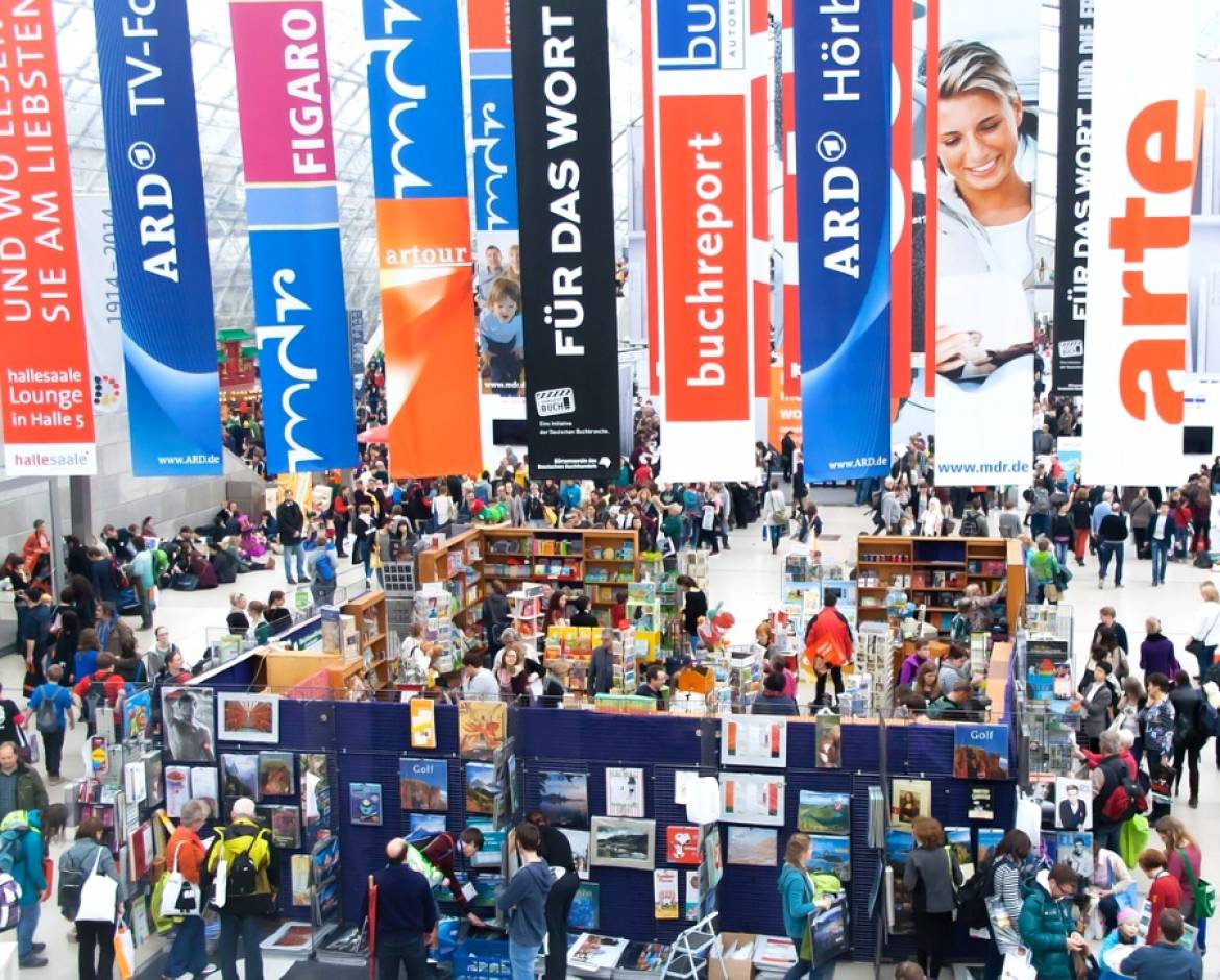 Frankfurt book fair with a lot of banners and people