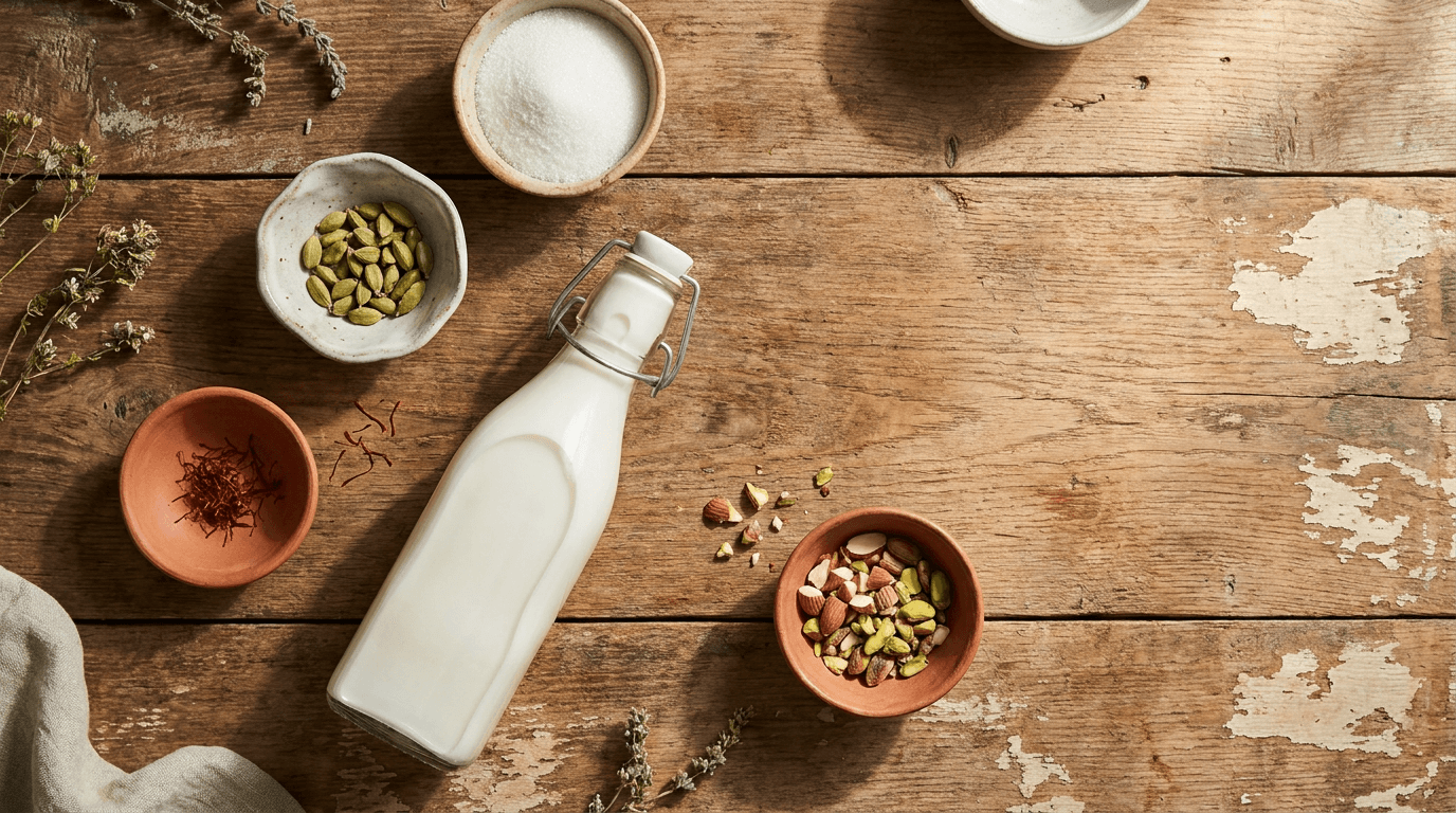 Flat-lay of Rabdi recipe ingredients including milk, sugar, cardamom, saffron, and nuts