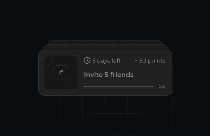Mission card showing 'Invite 5 friends' with a reward of +50 points and a label '5 days left'.