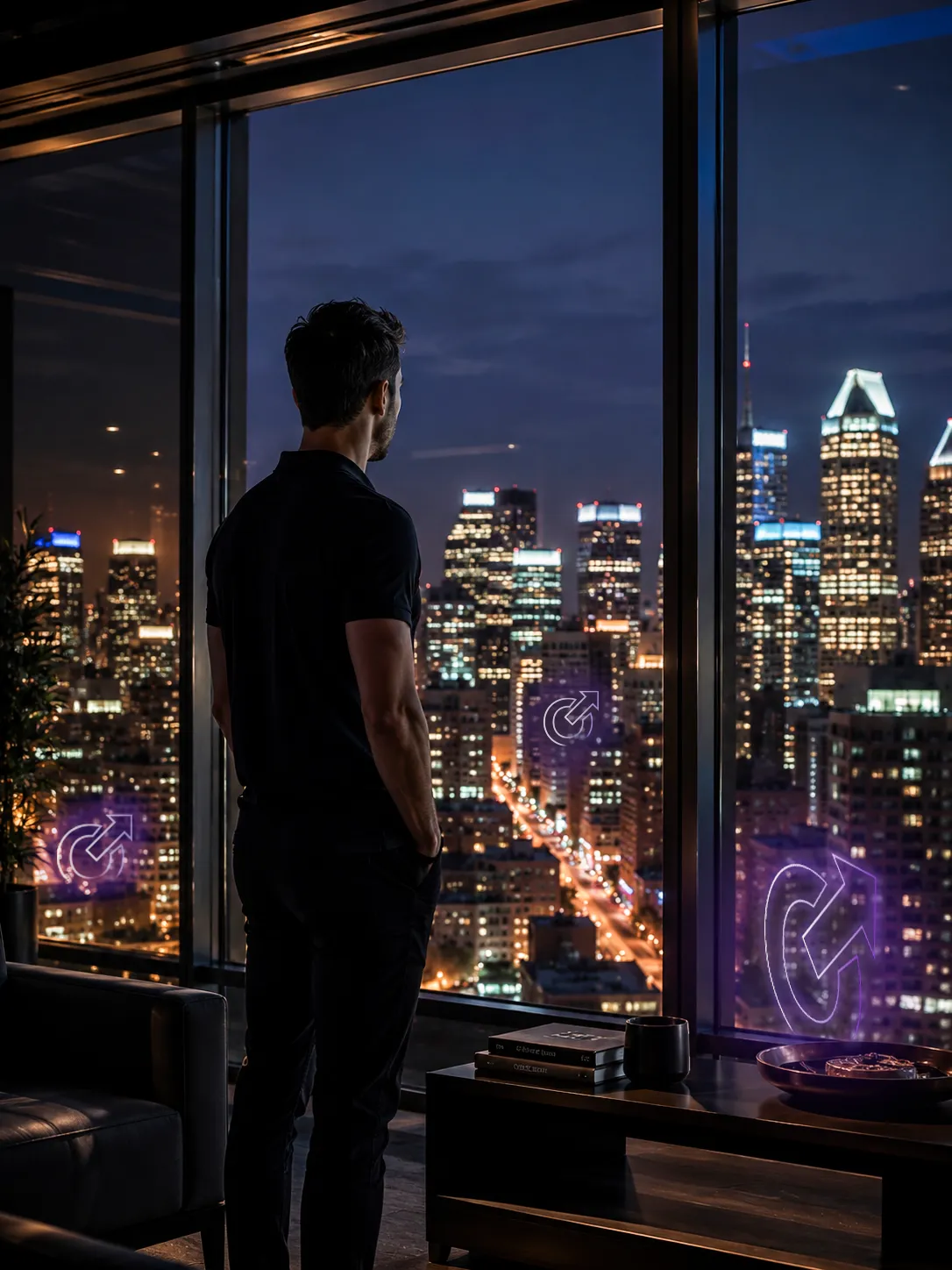 Homme propriétaire de gym regrdant par la fenêtre de son appartement, au 25 ieme étage et comtemple de haut les succursales de ses gyms.