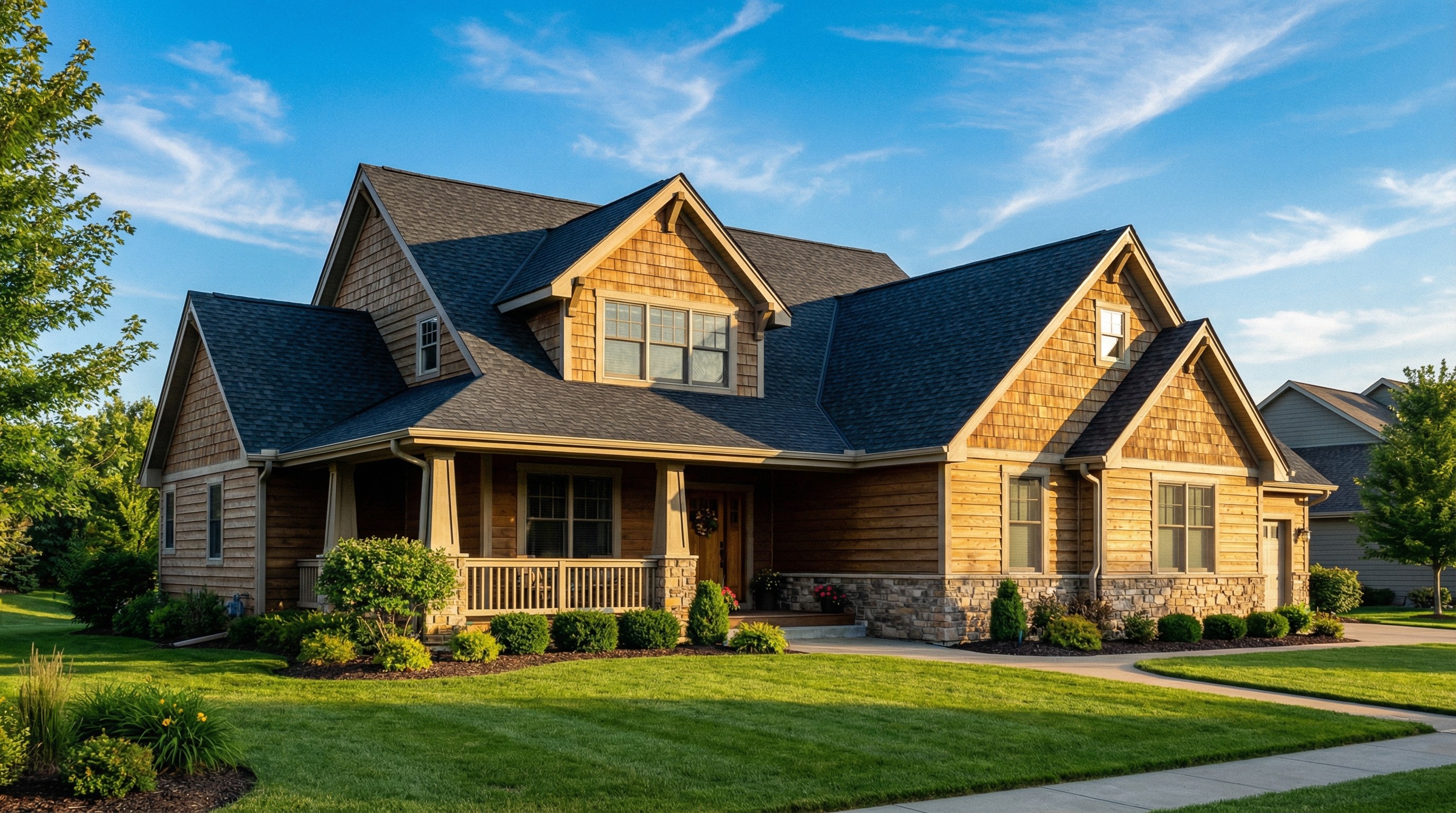 A beautiful two-story house with brown cedar siding, stone accents, and a covered porch. Lush green lawn and blue sky.