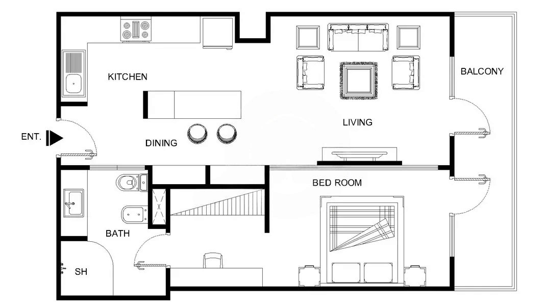 Spacious studio apartment floor plan at Ubora. Smart layout with balcony and modern kitchen for urban professionals.