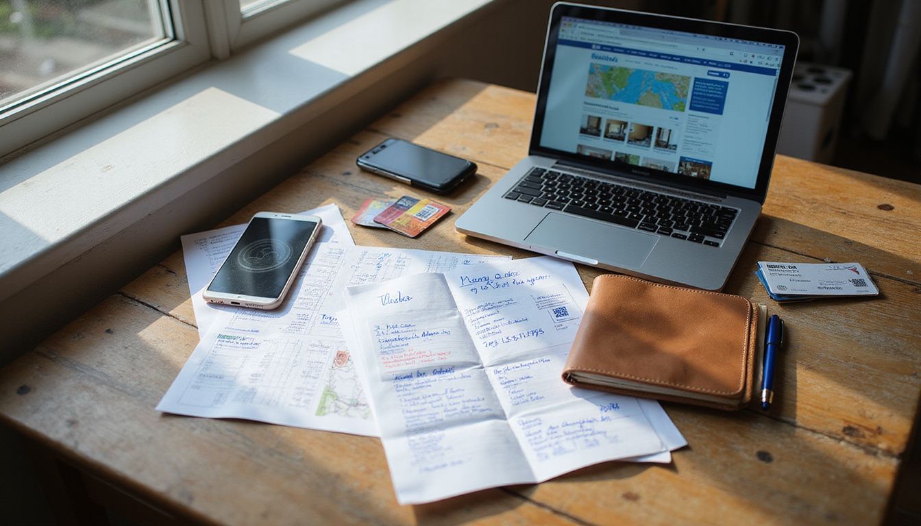 A detailed travel planning workspace filled with various travel documents.