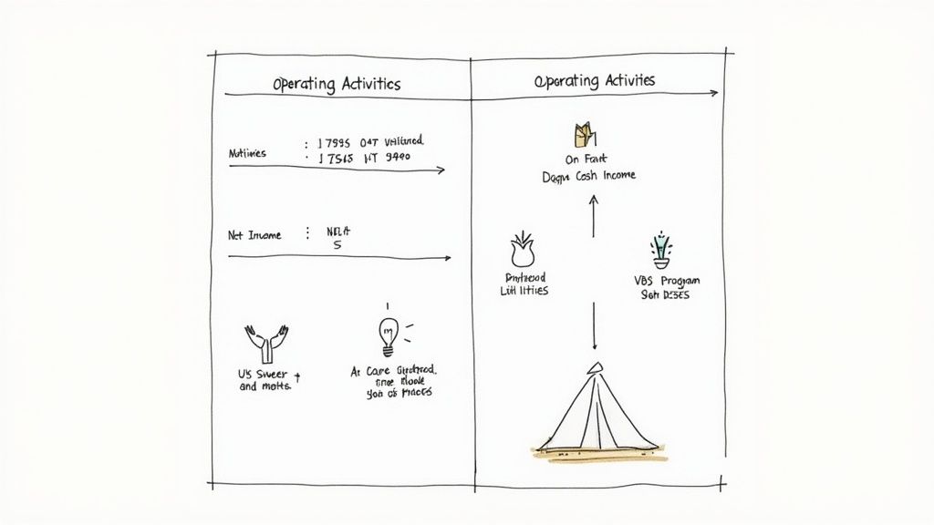 A hand-drawn diagram illustrating components of operating activities and their cash flow.