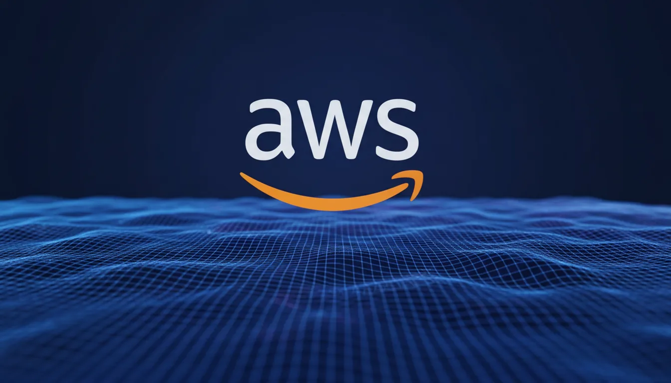 A 3D render of the official AWS logo, with white lowercase text and its orange smile arrow, floating over a dark, abstract digital landscape. The landscape is an undulating wireframe mesh composed of thin, glowing lines, creating a sense of flowing data. The image uses a cinematic shallow depth of field, with the foreground grid in sharp focus and the distant background softly blurred into a glowing blue bokeh. The scene is set against a deep navy blue background, with soft global illumination creating a high-tech, data visualization aesthetic.
