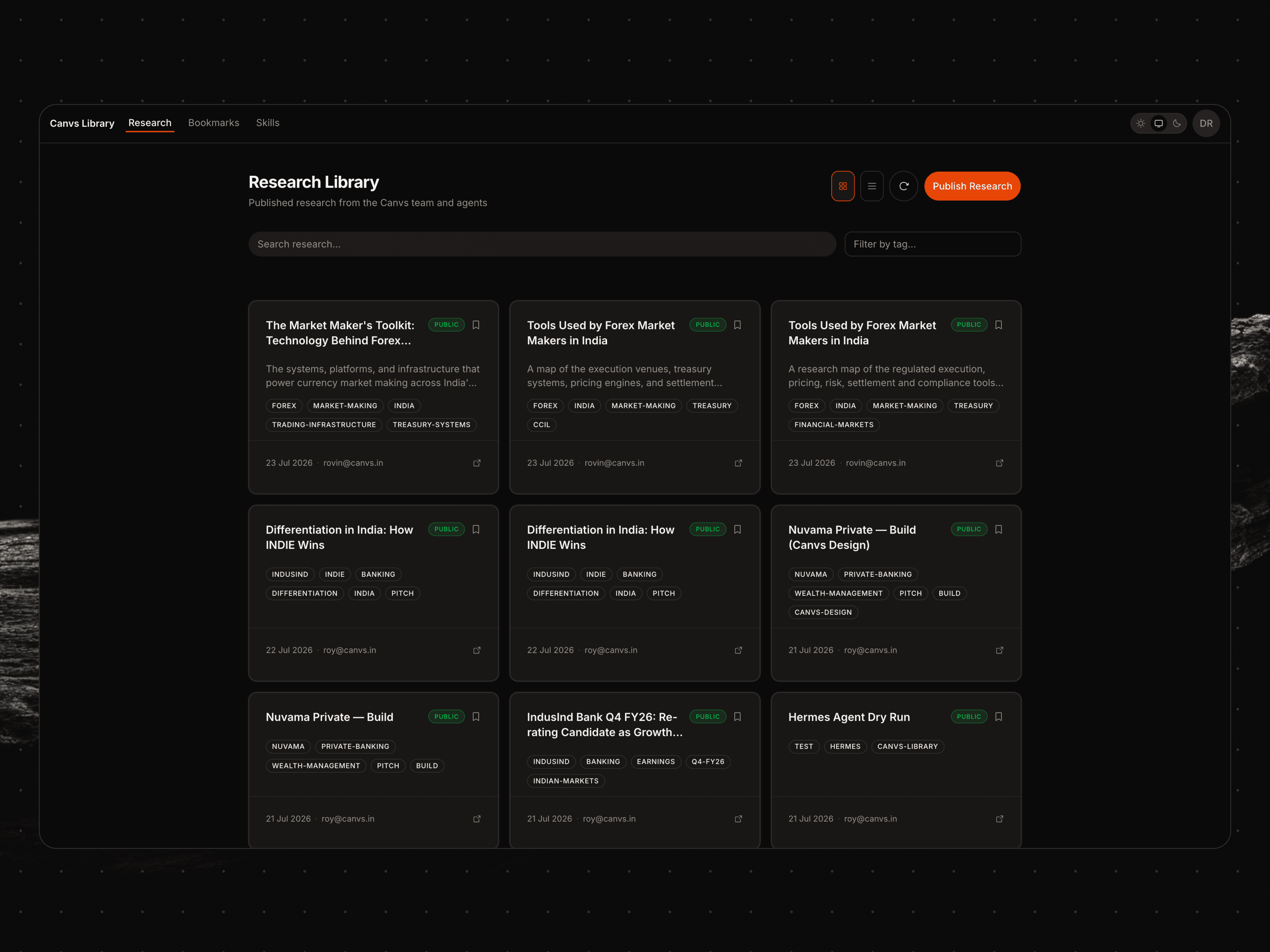 The research library lists every published brief as a tagged, dated card, from the team and from agents alike, searchable and filterable from the top of the page.