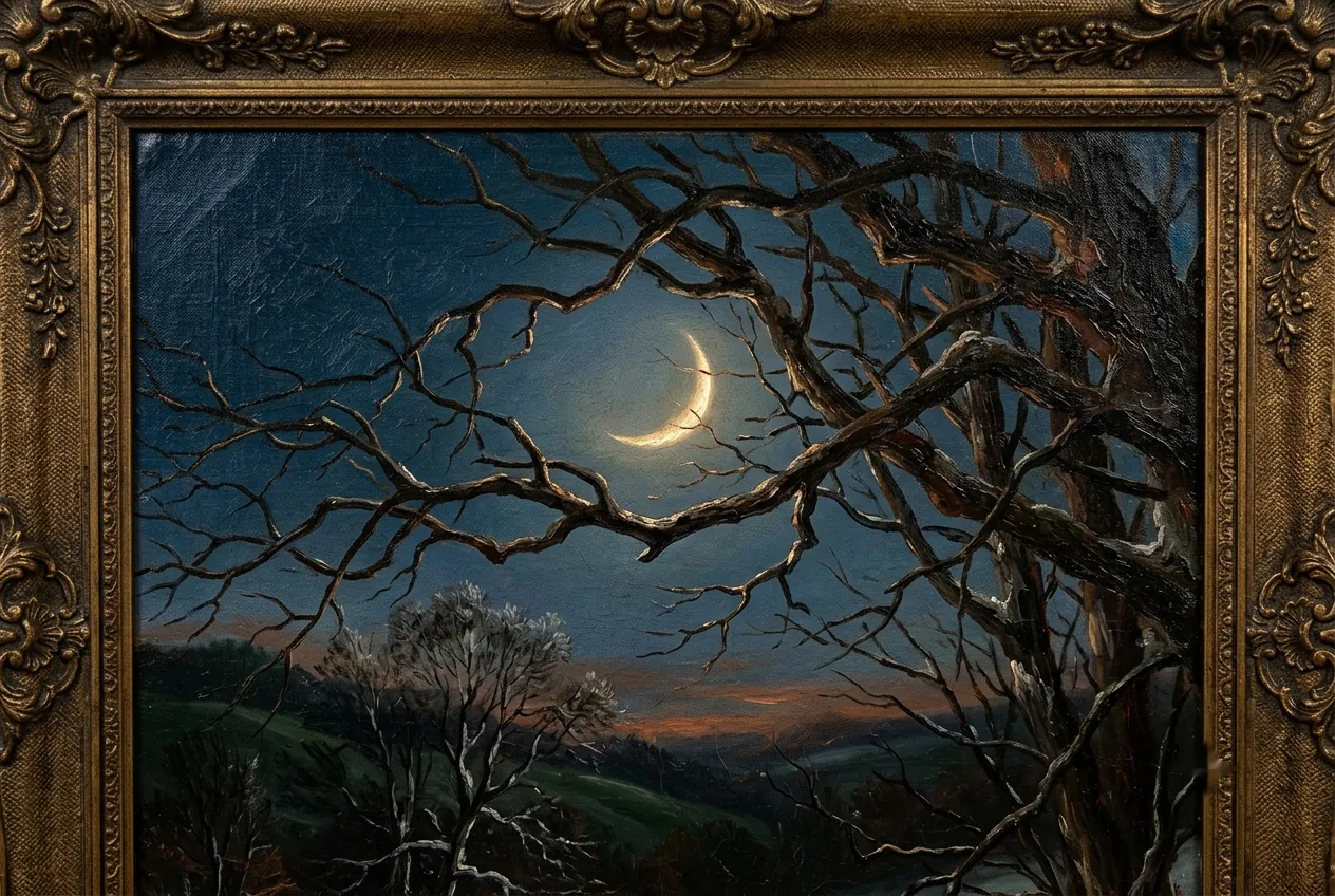A thin crescent moon behind bare branches at dusk