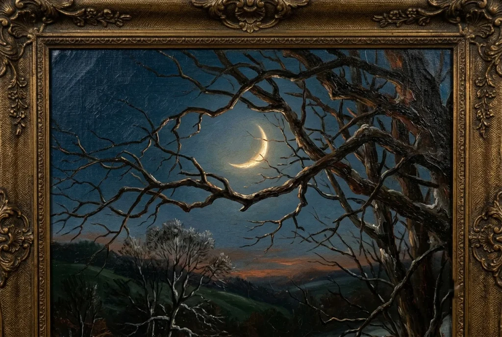 A thin crescent moon behind bare branches at dusk