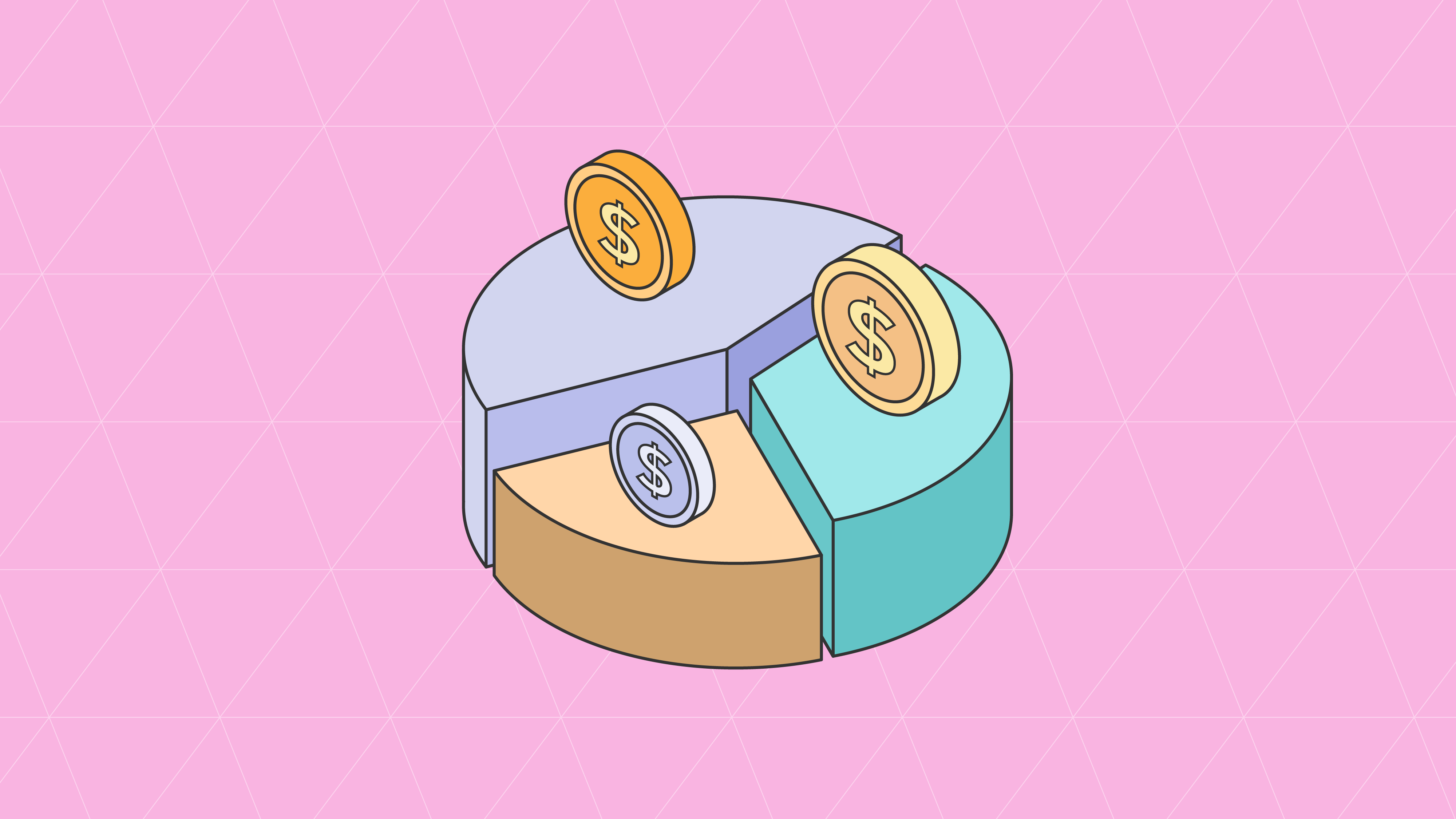 Isometric pie chart divided into three cost segments, each topped with a dollar coin, illustrating multiple fees charged on a single delivery.