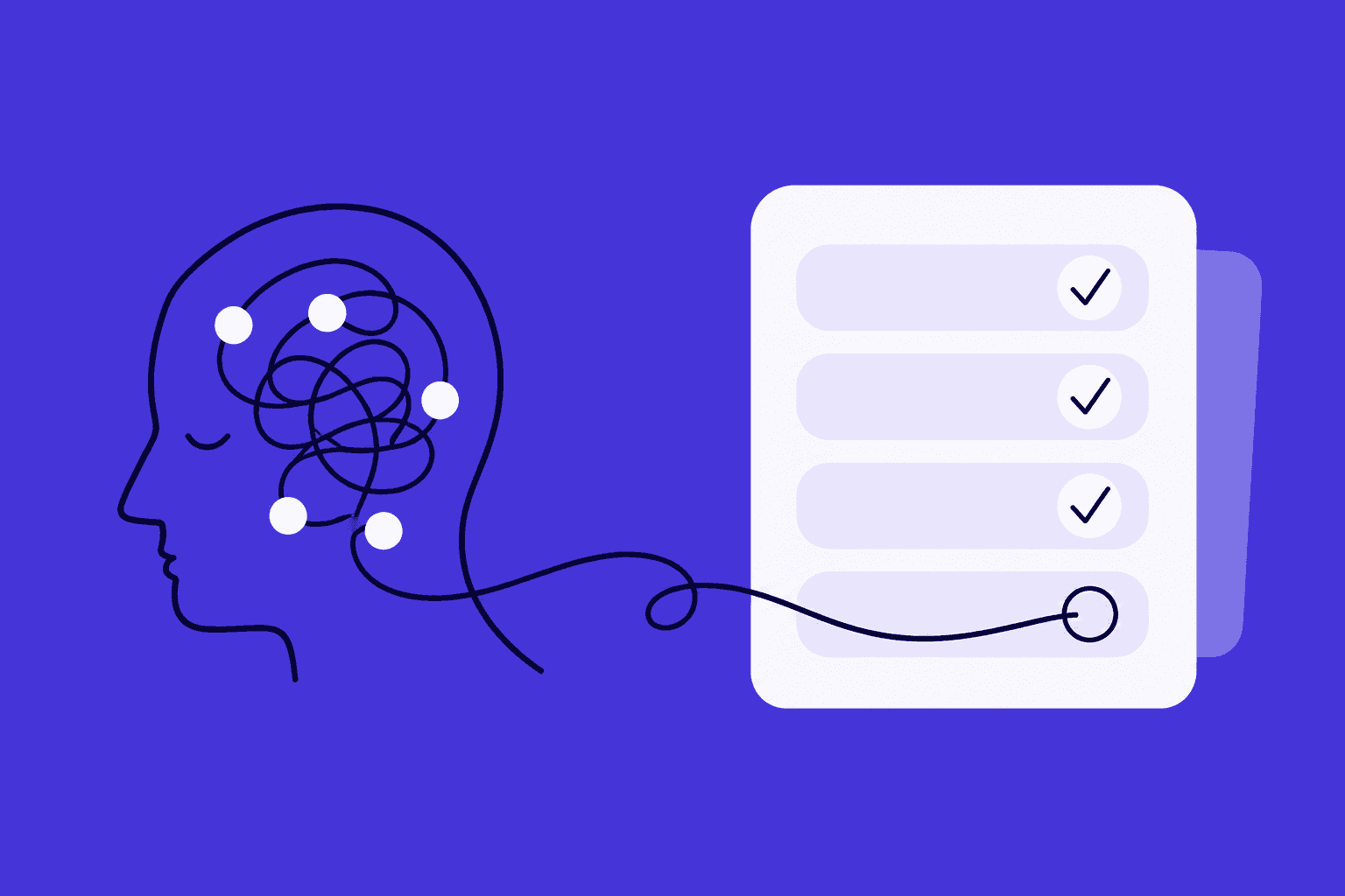 Abstract illustration of a physician’s mental workload on an indigo background, with tangled hand-drawn lines inside a profile silhouette flowing toward a checklist card with completed and unfinished tasks. The image symbolizes how clinicians mentally track unfinished patient work because the system itself does not reliably surface follow-up tasks.