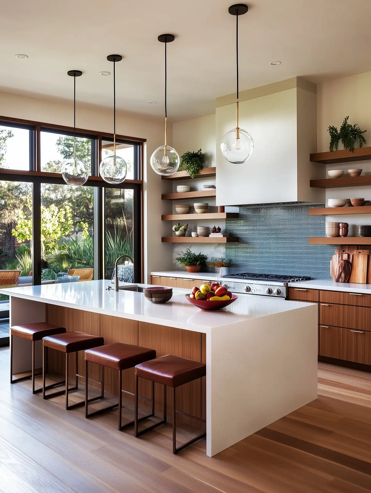 Modern kitchen with sleek cabinets, countertop, and built-in appliances