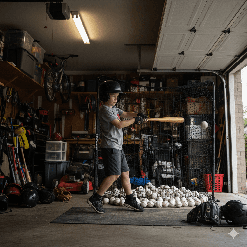 outh baseball player working on swing mechanics at his home.