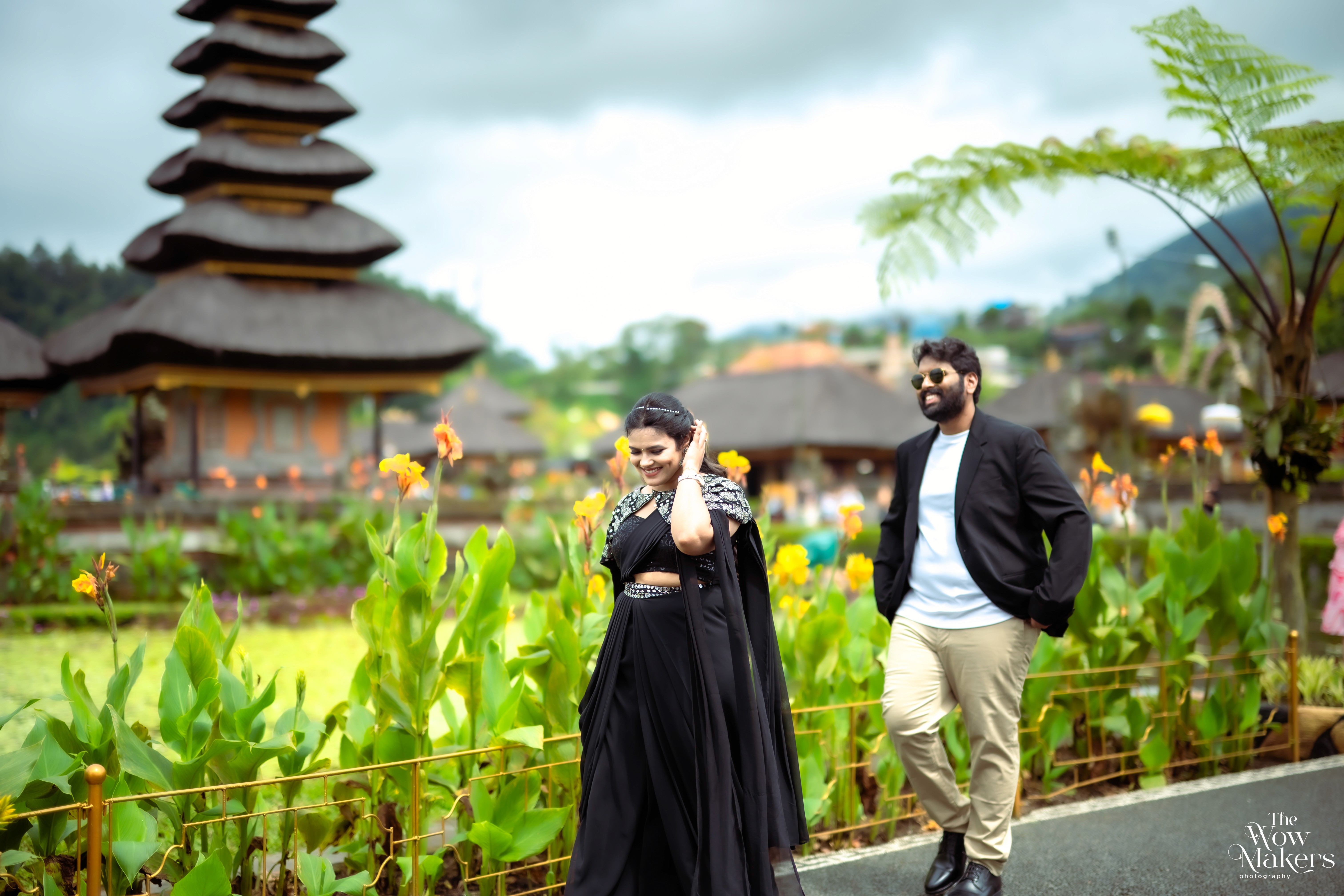 Pre-wedding couple photoshoot collage by a lakeside at golden hour, bride in pink saree with henna details, by Wow Makers photography in Hyderabad, India.
