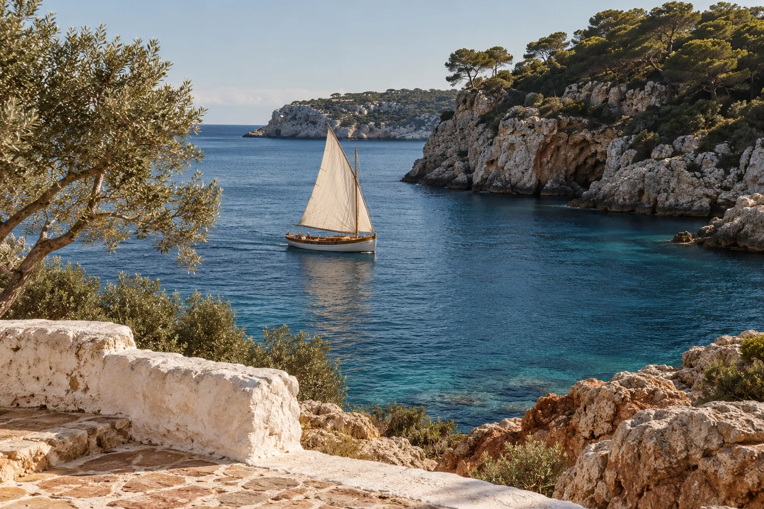 A small wooden sailing boat in a rocky cove