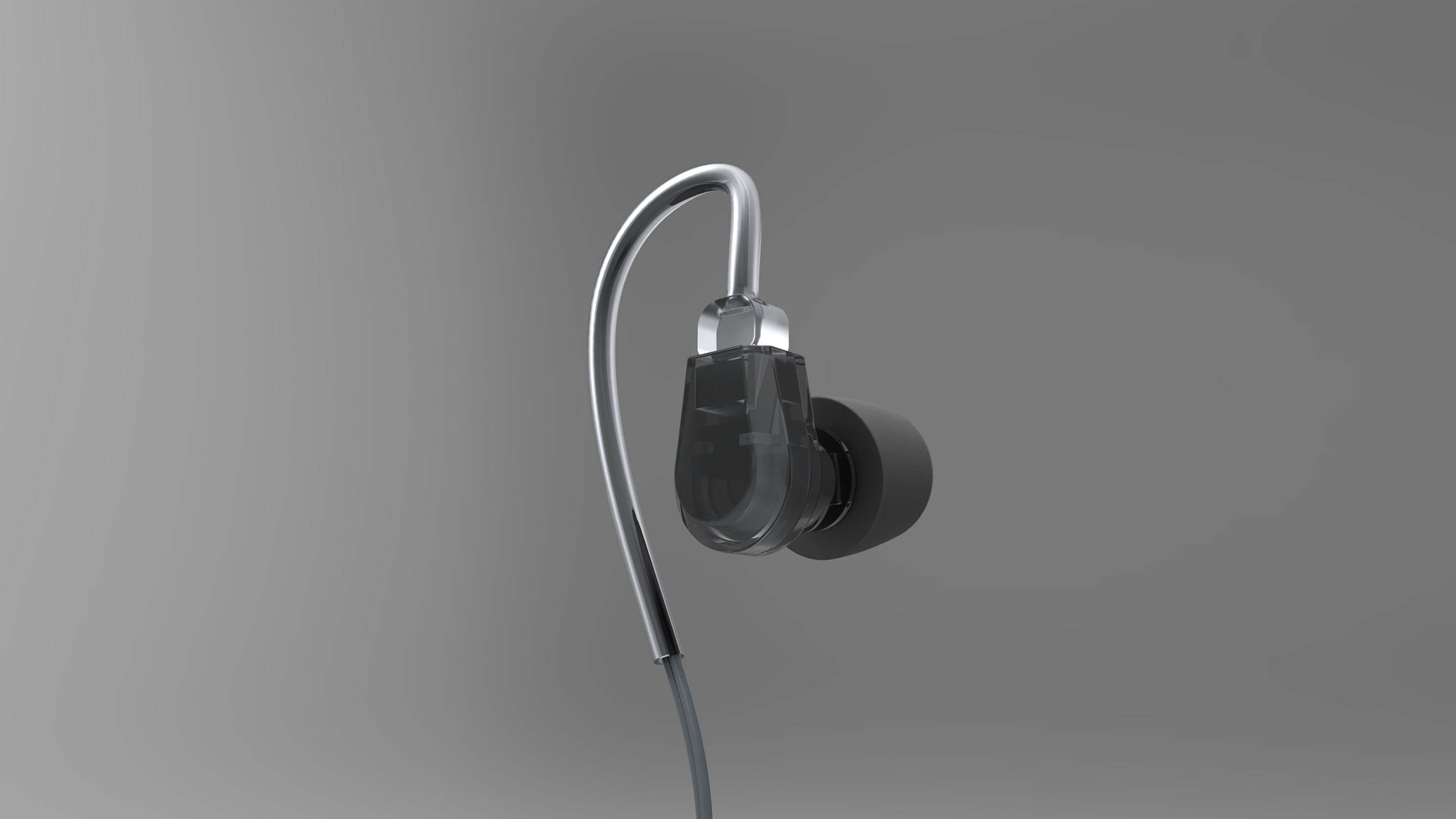 A sleek earbud with a transparent casing and black ear tip is shown on a gray background. It features a wire loop for over-the-ear stability.