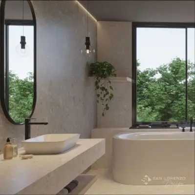 Porcelanato Ceppo Di Gré Moka 80×80 colocado en un baño