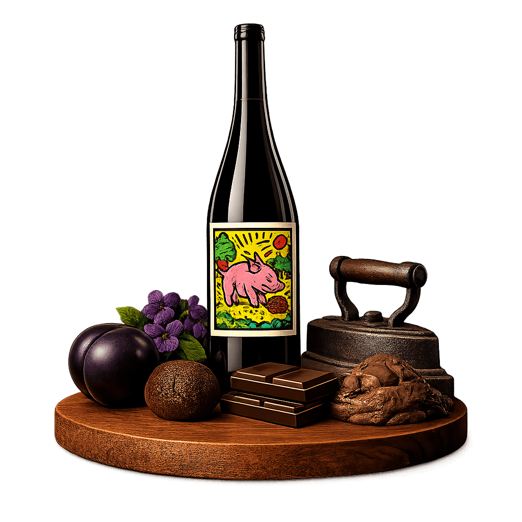 Artistic label and flavor profile for Bordeaux Pomerol on a rustic wooden table.