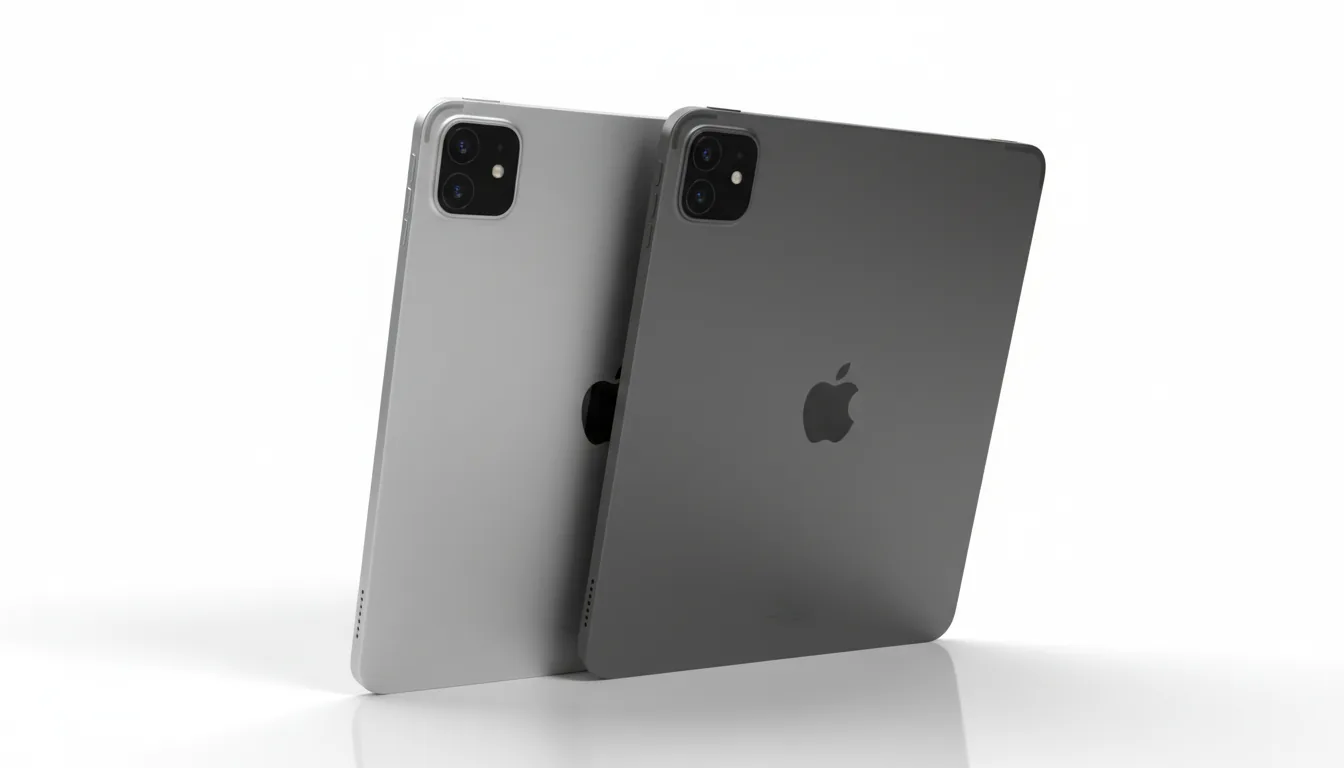 DSLR product photography of two Apple iPad Pro tablets, one in Silver and one in Space Gray, shown from the back at an angle. The shot is a clean, minimalist medium close-up, focusing on the square multi-lens camera systems and the sleek matte aluminum chassis. Soft studio lighting illuminates the devices against a seamless, pure white background, creating subtle reflections and highlighting the precise metallic texture. Sharp focus on the tablets with a very clean, simple composition.