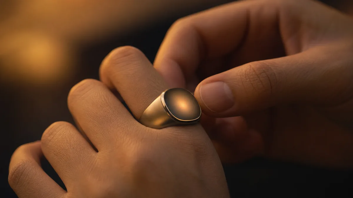 Fingertip waking a smart tasbih ring from a dark face to a soft abstract warm glow