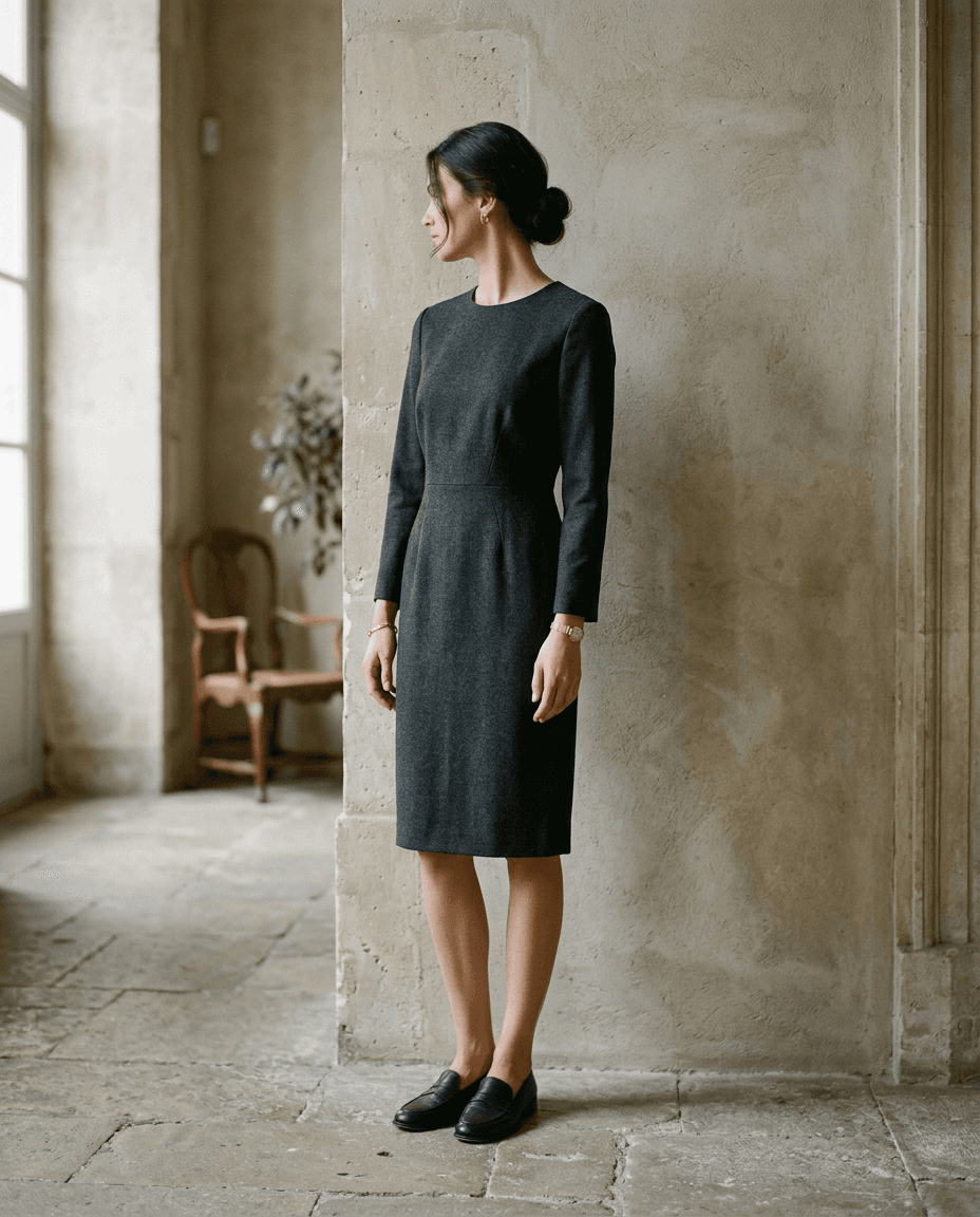 Charcoal Wool Crepe Sheath Dress — Charcoal — full
