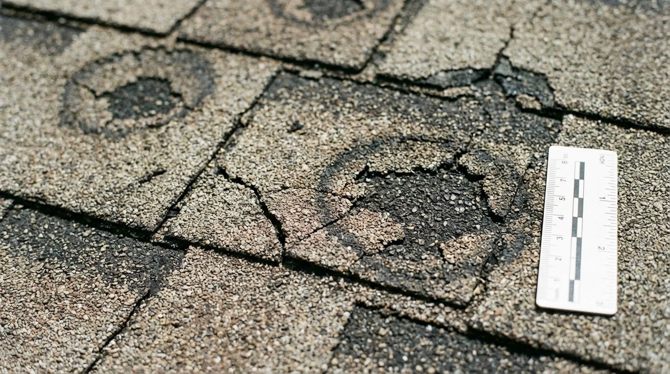 Hail damage on asphalt shingle roof showing granule loss and impact bruises