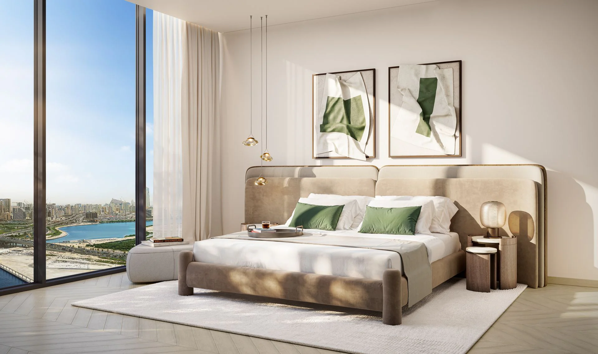 The bedroom features a stunning view of the city, framed by elegant furnishings.