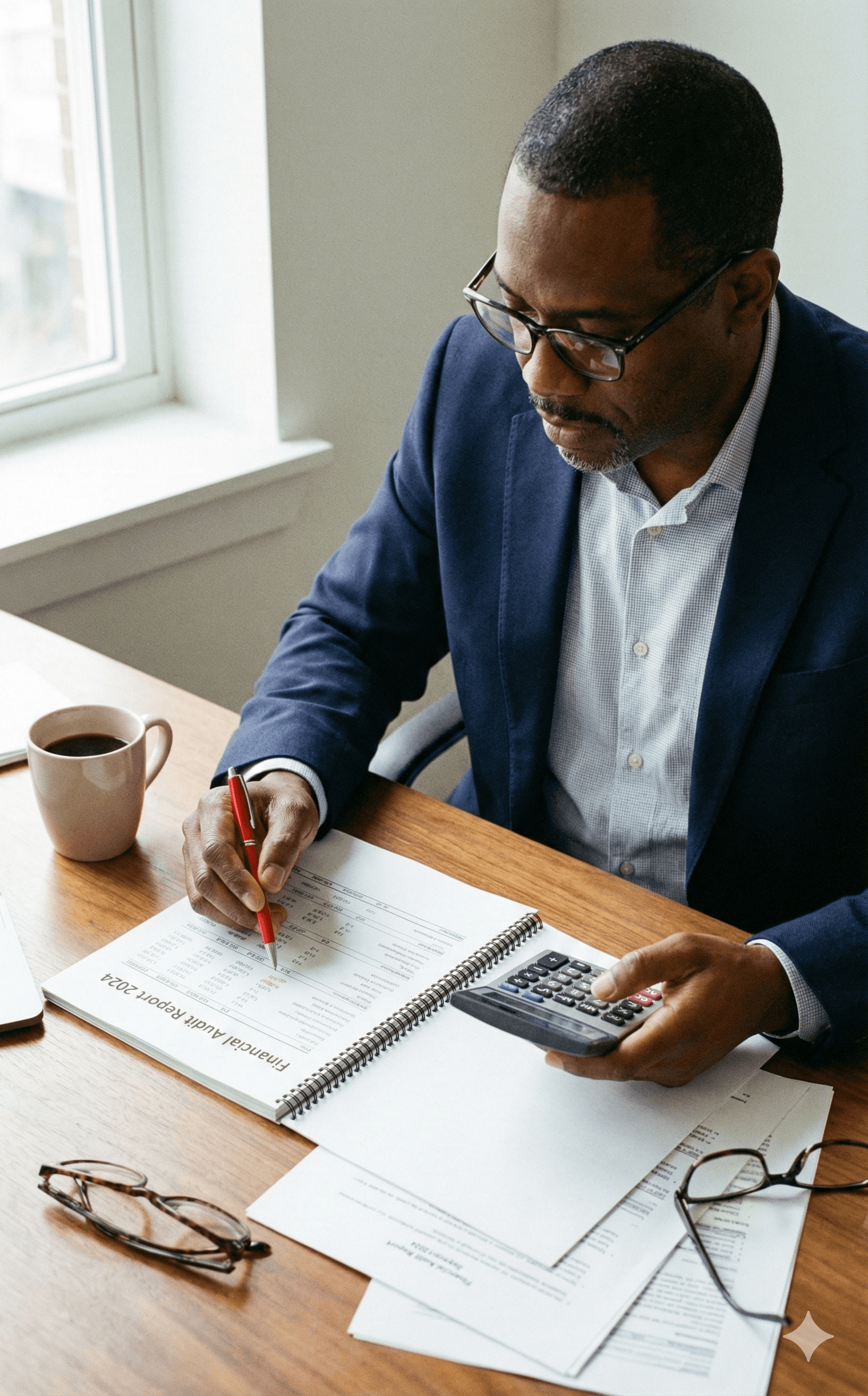 A professional reviewing a printed financial audit report with a calculator and red pen, highlighting key metrics.