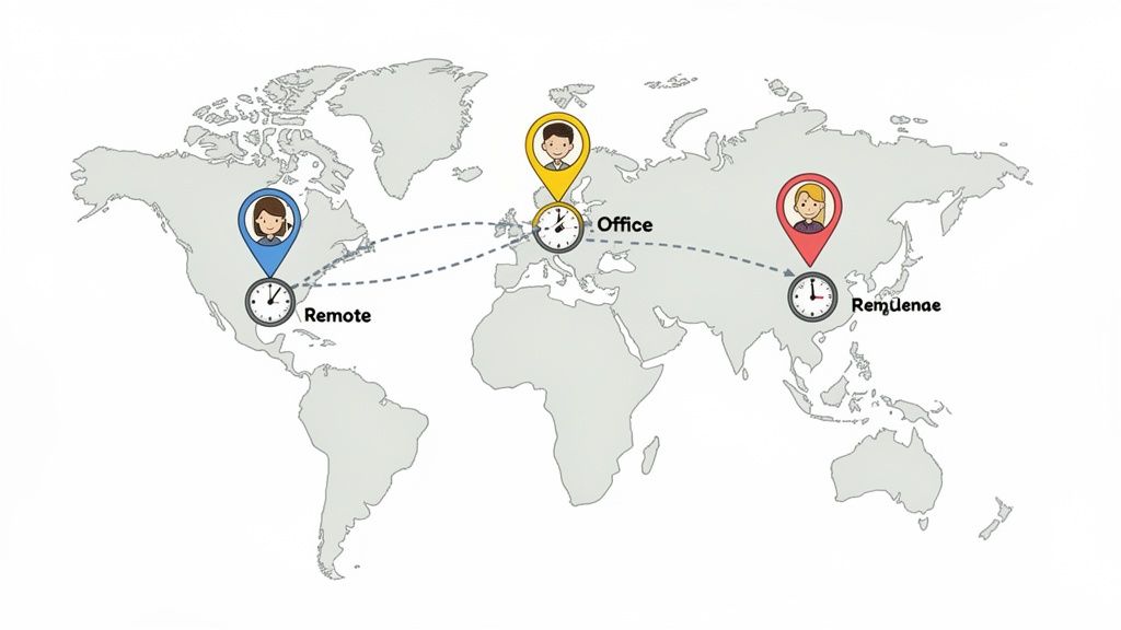 A world map illustrating global teams with remote, office, and distant workers and their local times.