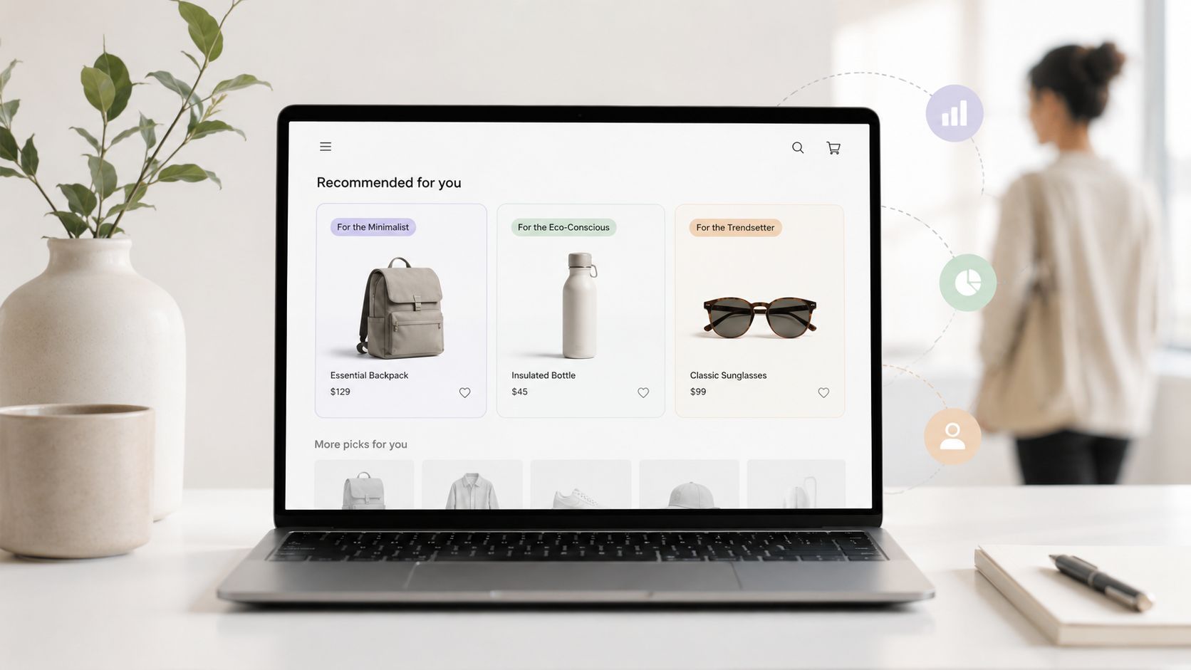 A laptop screen displaying a Shopify store interface with product recommendations for various consumer segments.