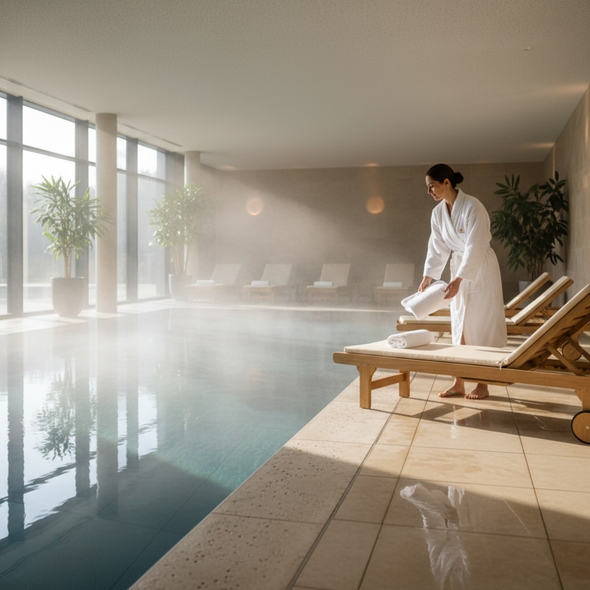 Morgens liegt feiner Dampf über einem hellen Innenbecken, Sonnenlicht spiegelt sich auf den warmen Fliesen. Eine Person legt ein frisch gefaltetes Handtuch auf eine Holzliege und blickt in einen ruhigen Bereich. Zwischen den Liegen bleibt bewusst Abstand. Alles wirkt geordnet, still und einladend.