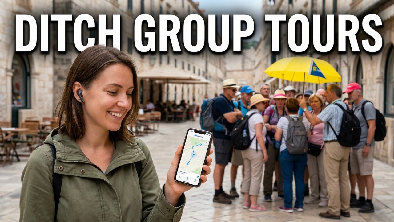 Image of a woman holding a phone with a group of tourists behind her and the caption "DITCH GROUP TOURS" above her for the No Tourists Allowed Podcast