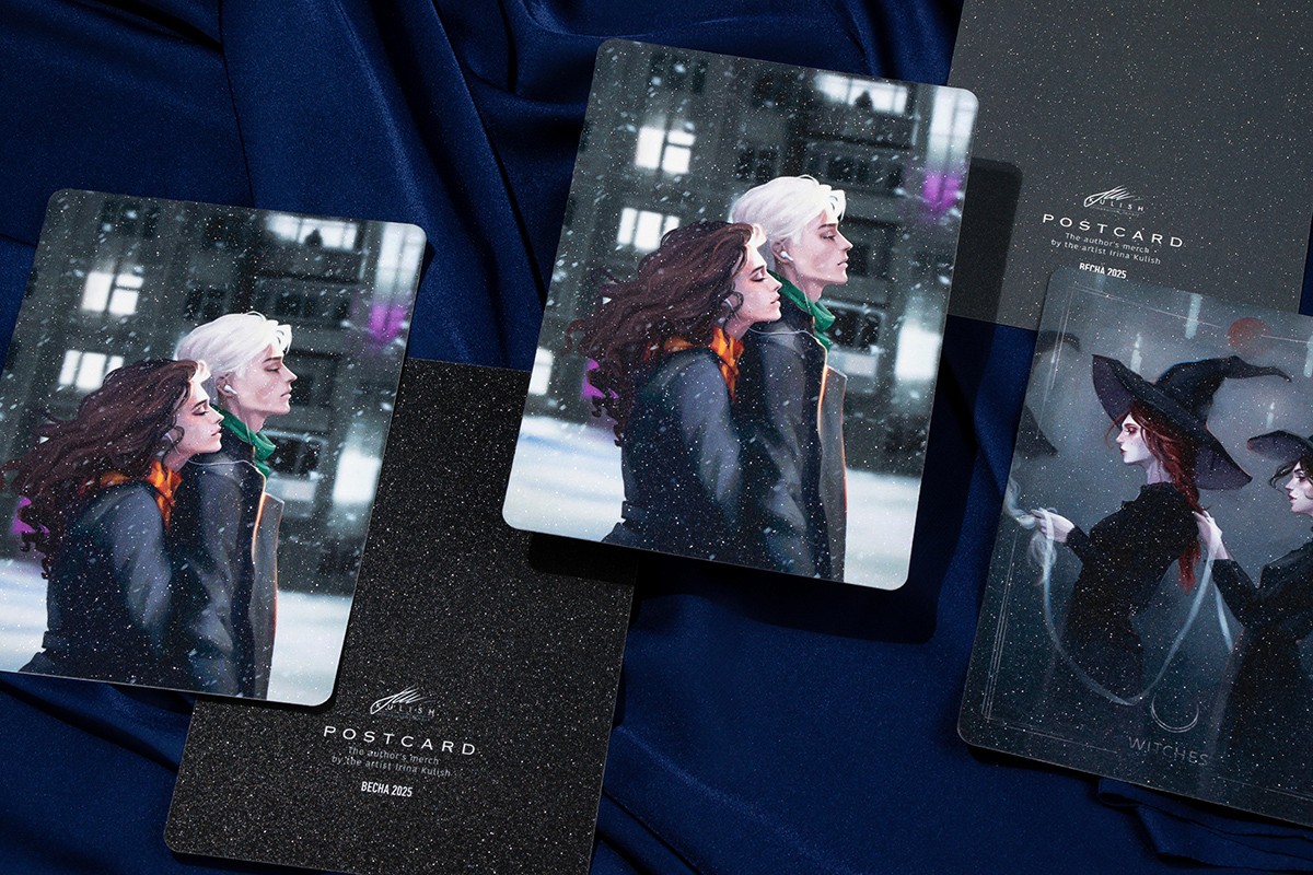 Postcards for Irina Kulish printed on coated board with raised uv varnish, sugar (glitter) lamination, digital printing, silky soft-touch lamination.
