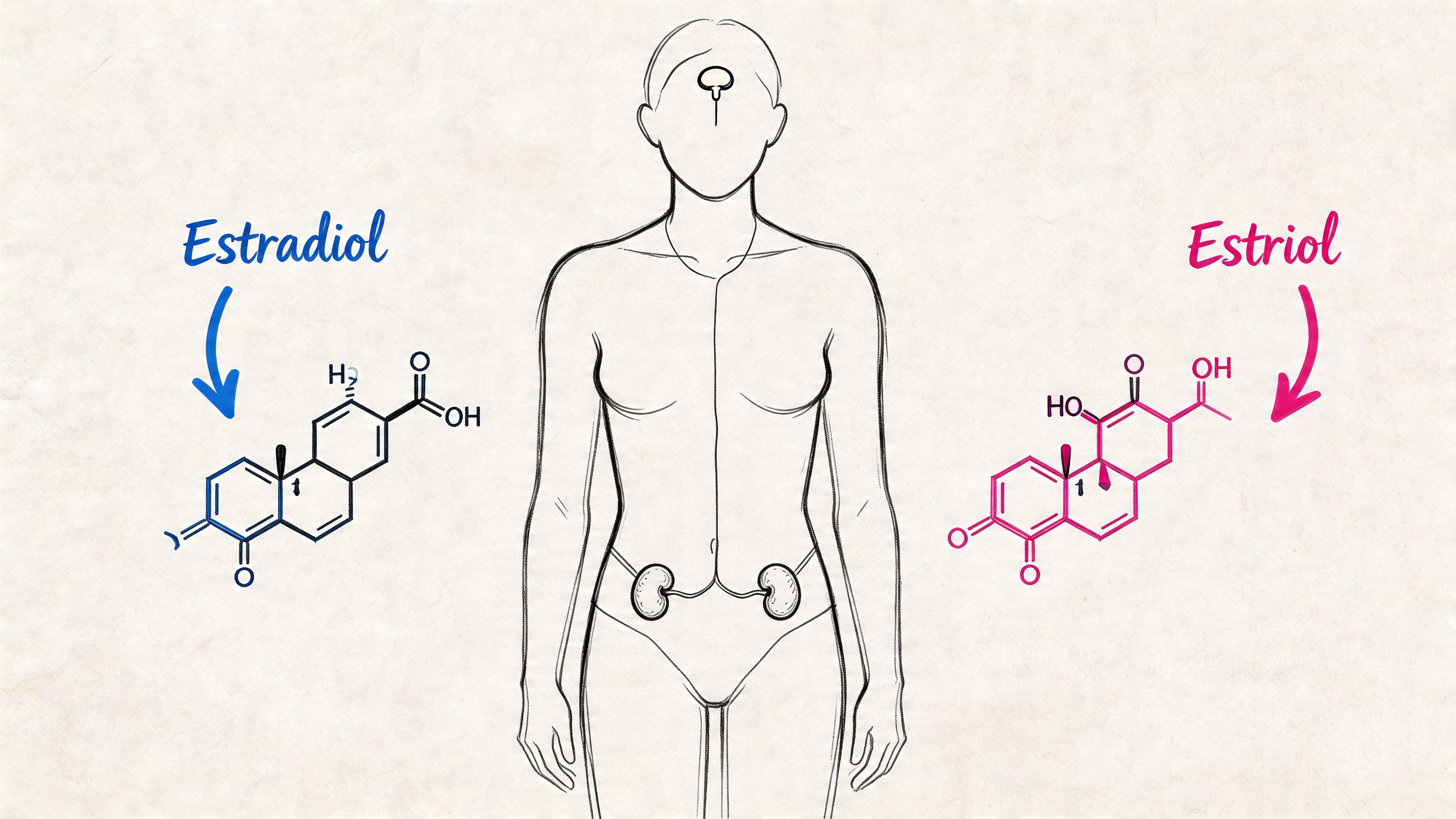 A diagram comparing the chemical structures of estradiol and estriol against an outline of the human body.