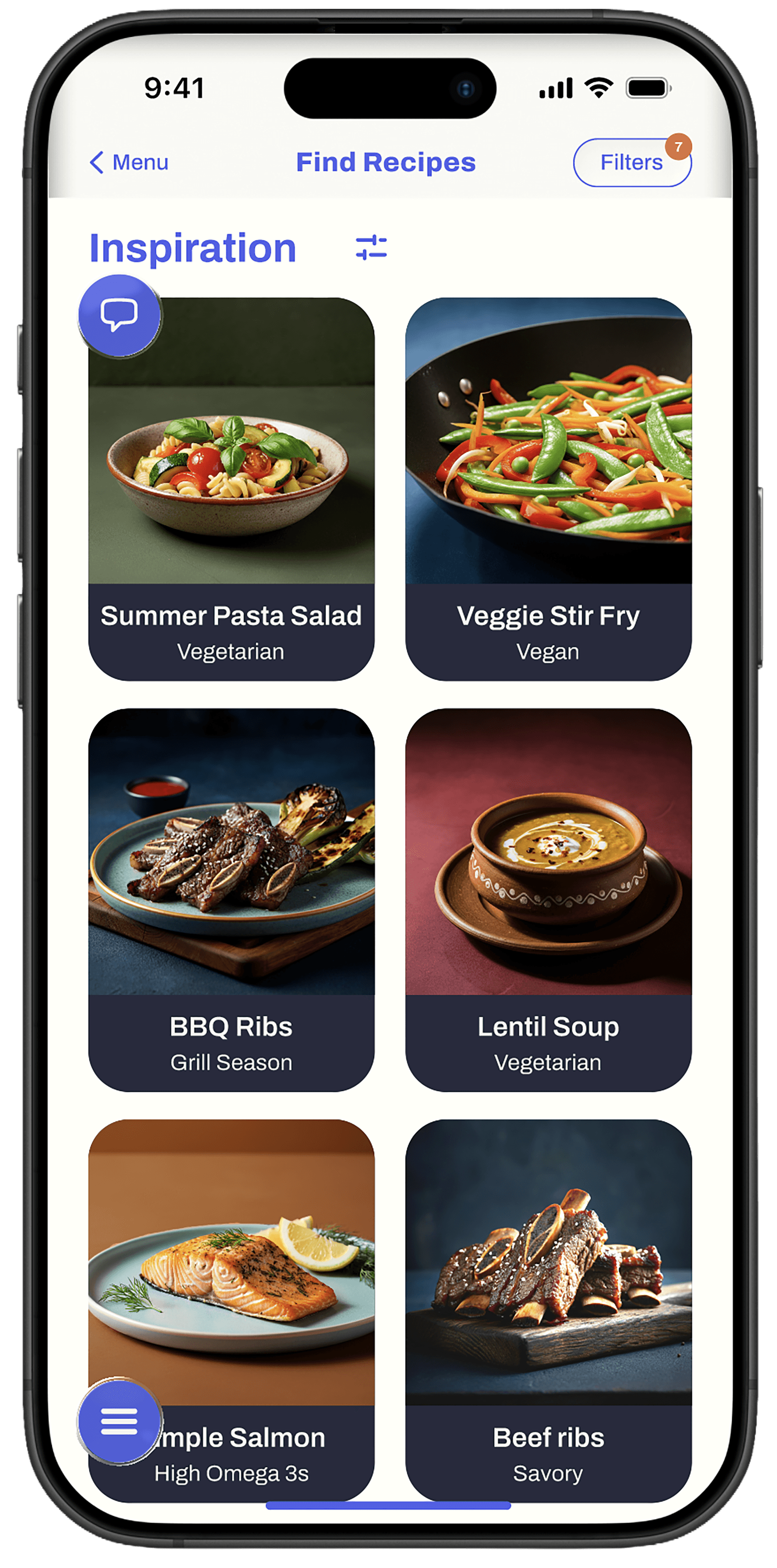 Find Recipe screen. Includes list of suggested recipes with images