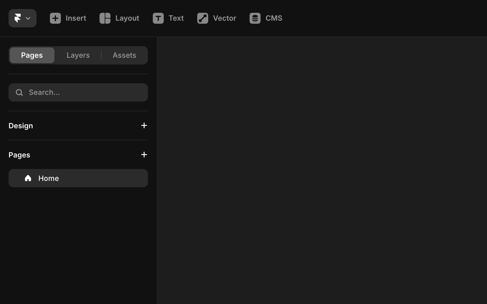 显示“页面”标签的设计界面截图。侧边栏显示页面列表,其中只有一个标有“Home”的条目,并附带一个房屋图标。