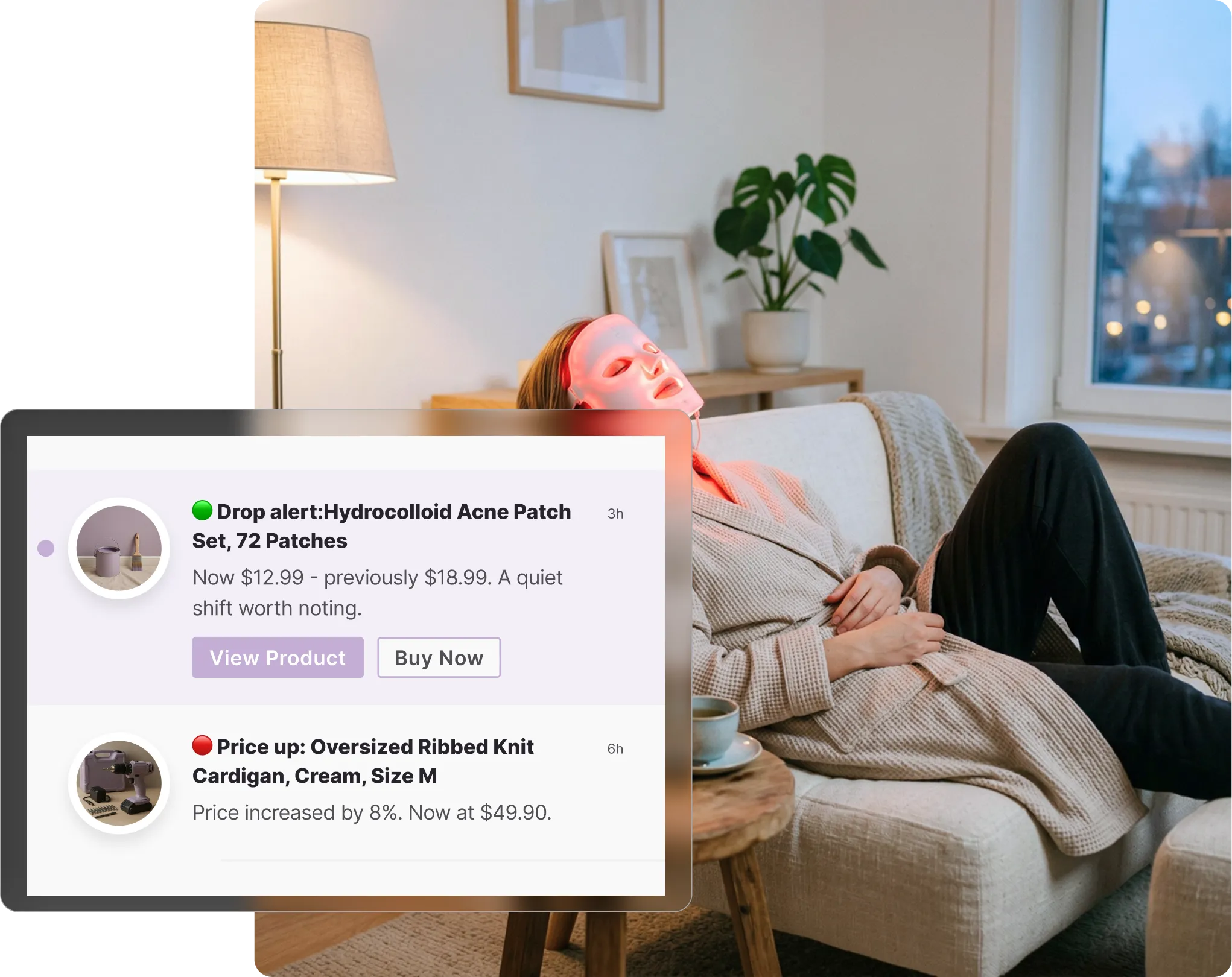 Woman relaxing on a couch wearing an LED face mask, receiving YesStyle price change notifications on Whisprice, with a drop alert for a skincare patch set and a price increase for a knit cardigan visible in the foreground.