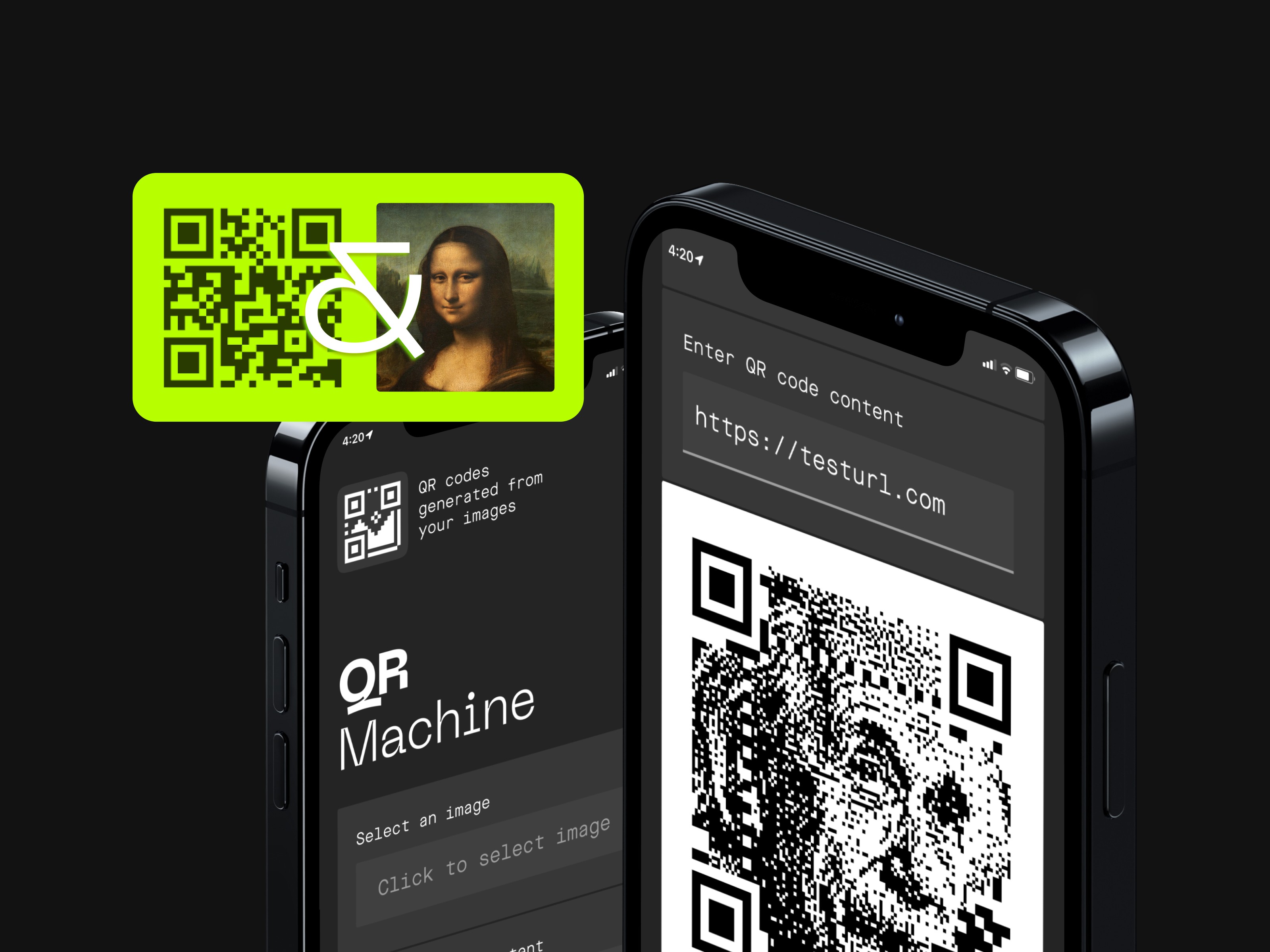 Mobile app interface for QR Machine showing generative QR code creation screens