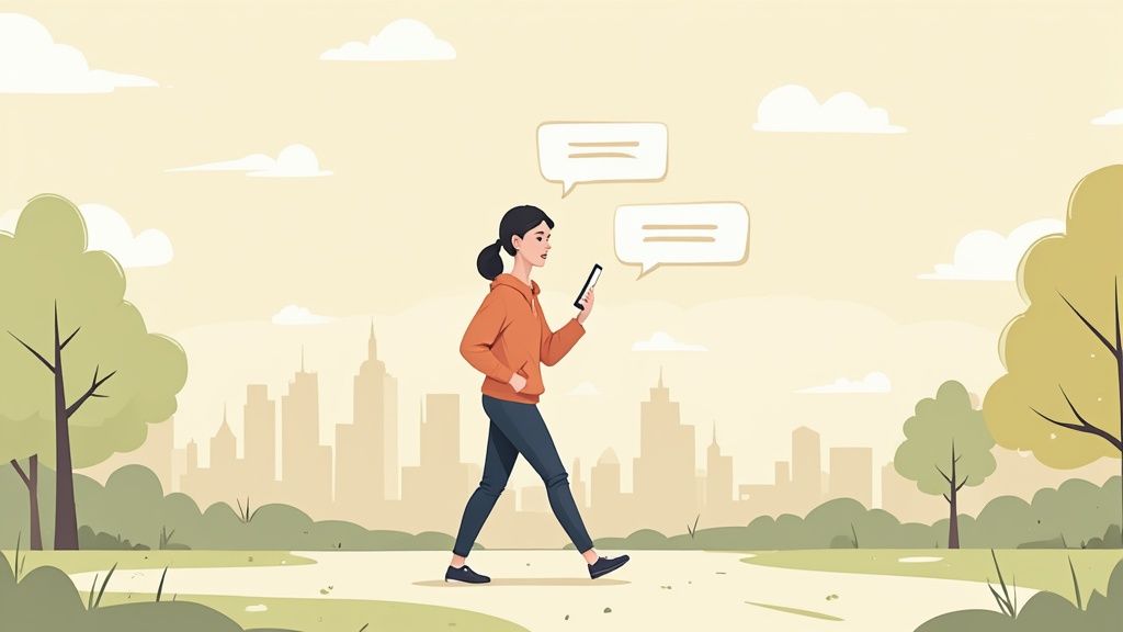 A person speaking into a microphone connected to a laptop, with text appearing on the screen.