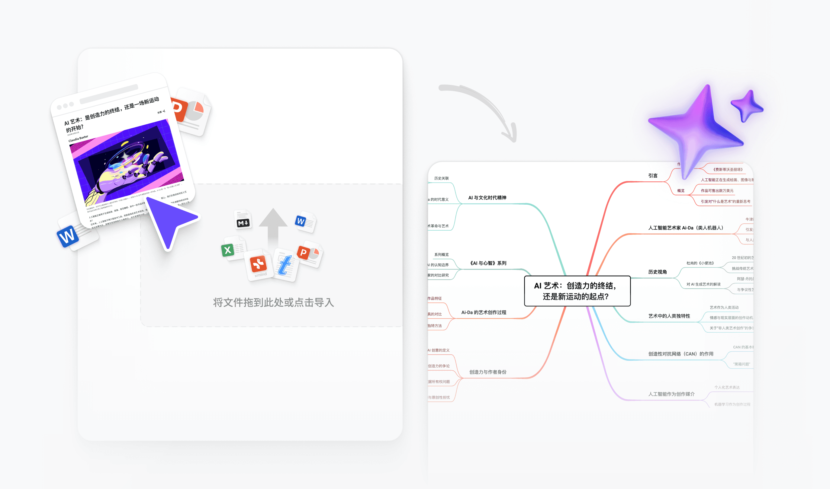 Xmind Copilot summarizing text, files, links, or YouTube videos into structured mind maps