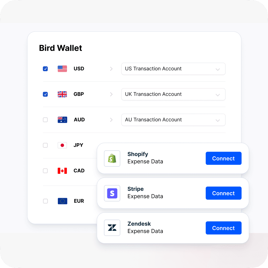 Bird Wallet interface showing currency settings and third-party platform integrations